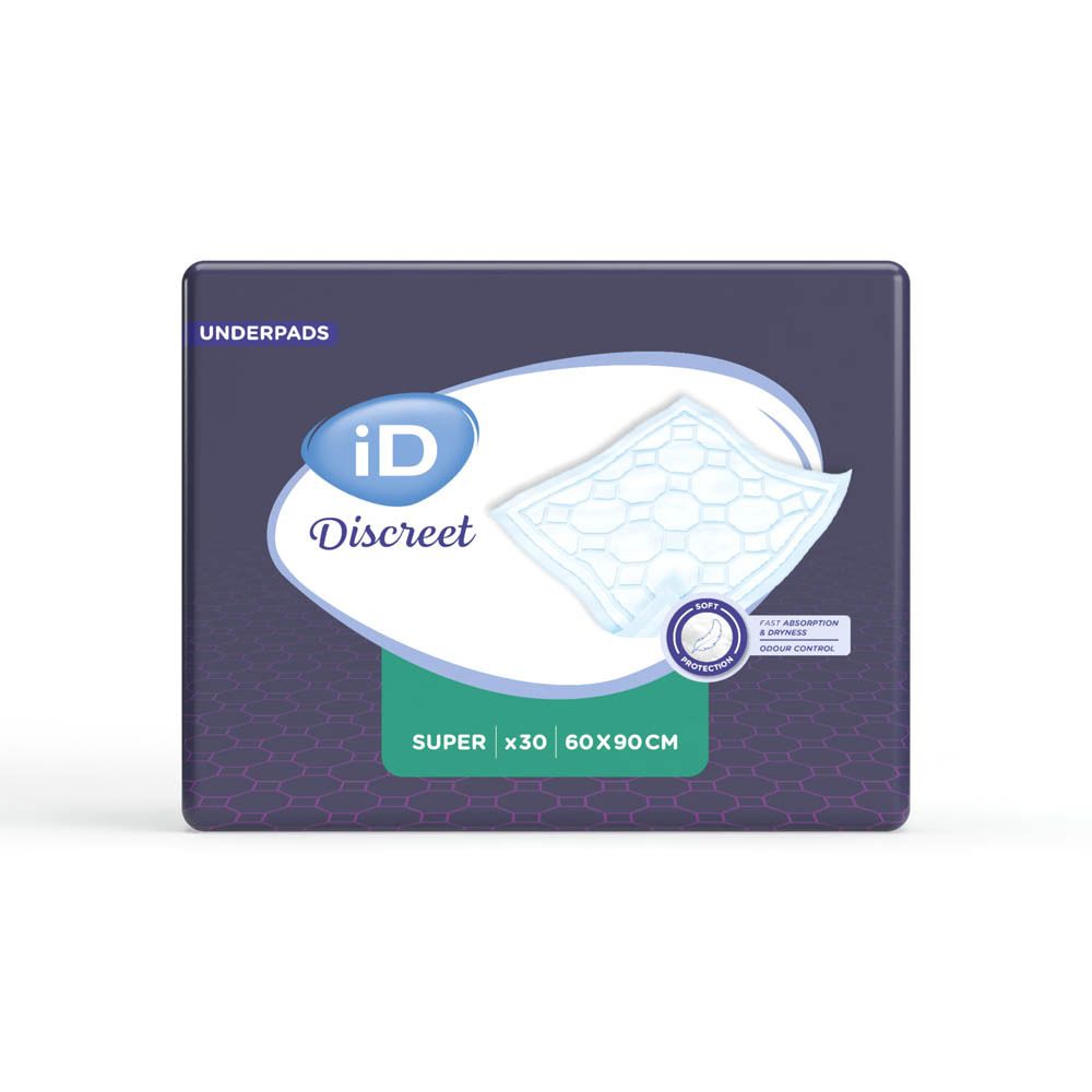 Emballage iD Discreet Underpads. Inscription : Super, 60x90 cm. Emballage bleu avec illustration du produit.