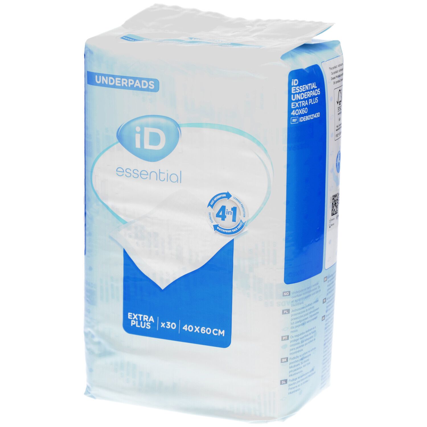 Emballage de protections iD essential Extra Plus 40x60cm. Emballage bleu et blanc avec informations et logo.