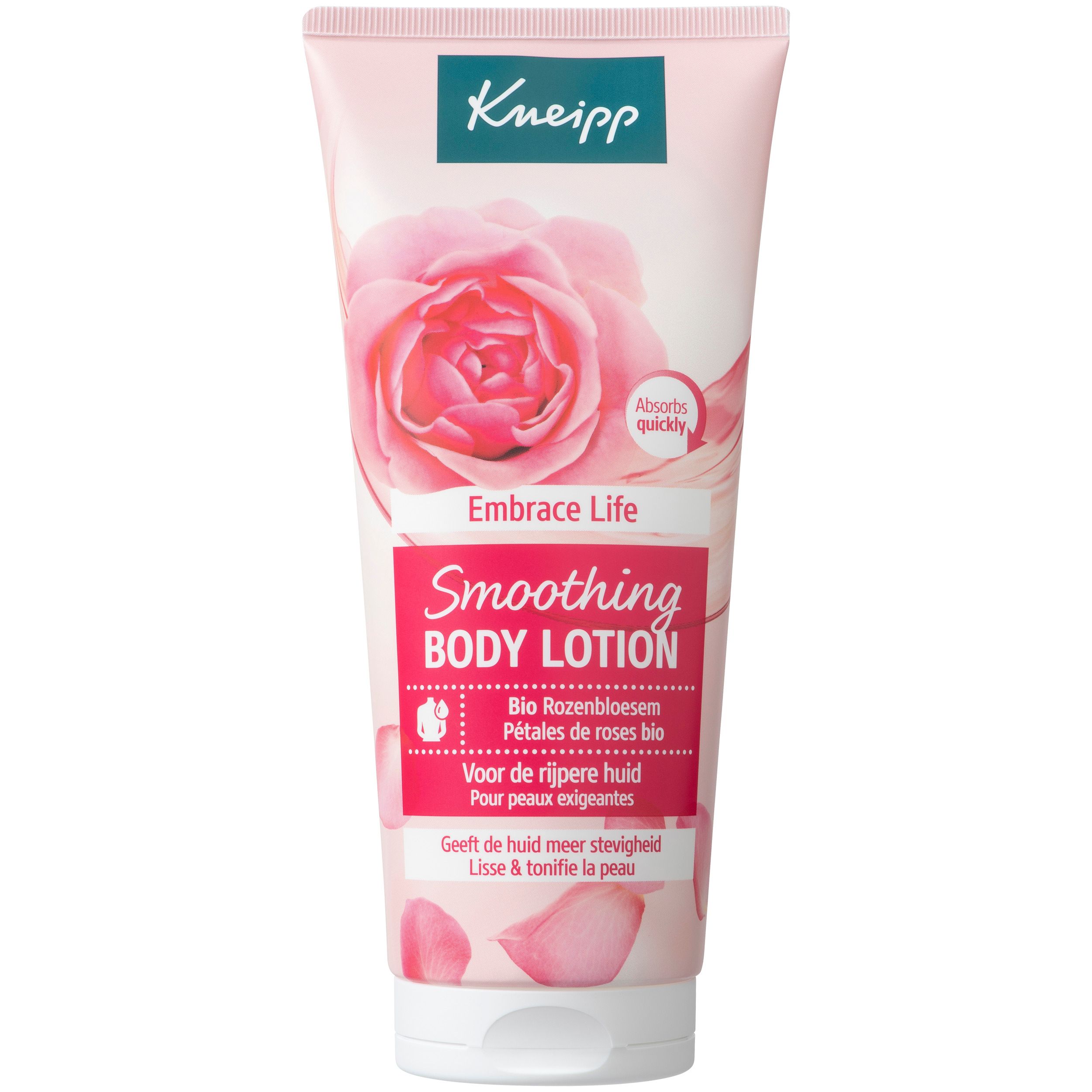 Kneipp® Body Lotion tube. Voorkant met rozenbloem ontwerp, tekst: Embrace Life, Smoothing Body Lotion. Microplastic free formula.