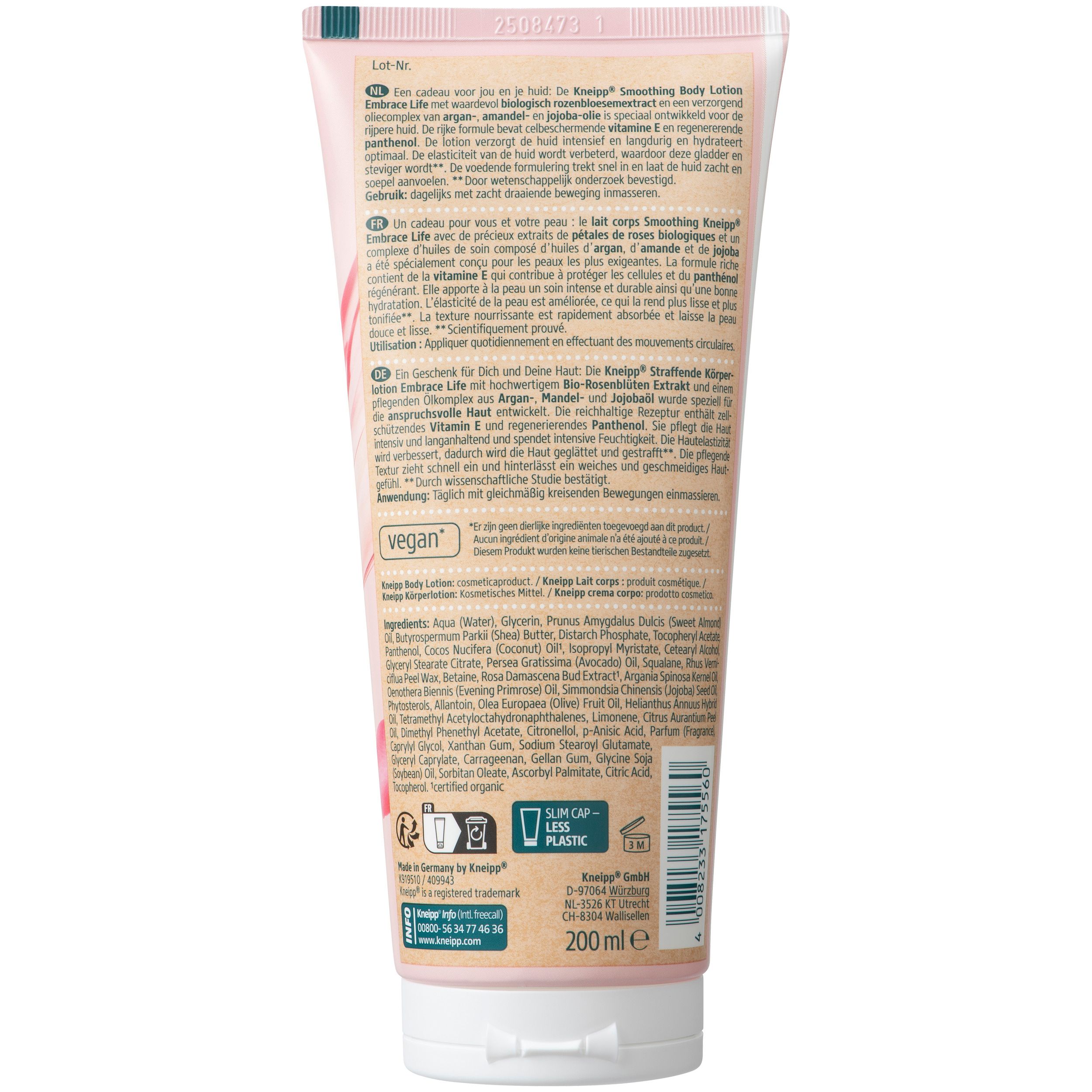 Dos du tube de lotion Kneipp®. Texte multilingue, ingrédients, label Vegan, Tube avec papier, 41% moins de plastique.