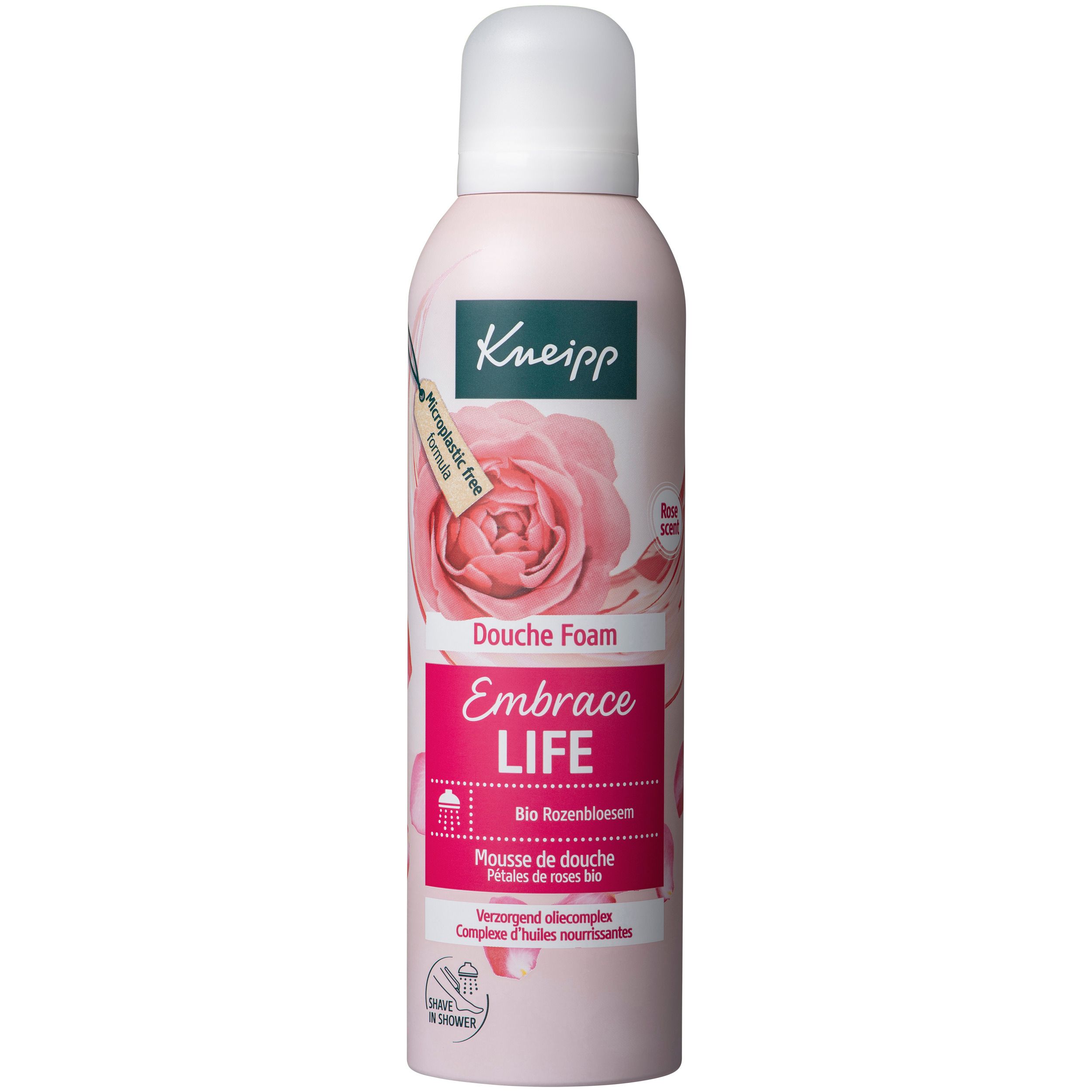 Kneipp Douche Foam fles. Roze, witte dop, rozenillustratie en tekst: Embrace LIFE, Mousse de douche.