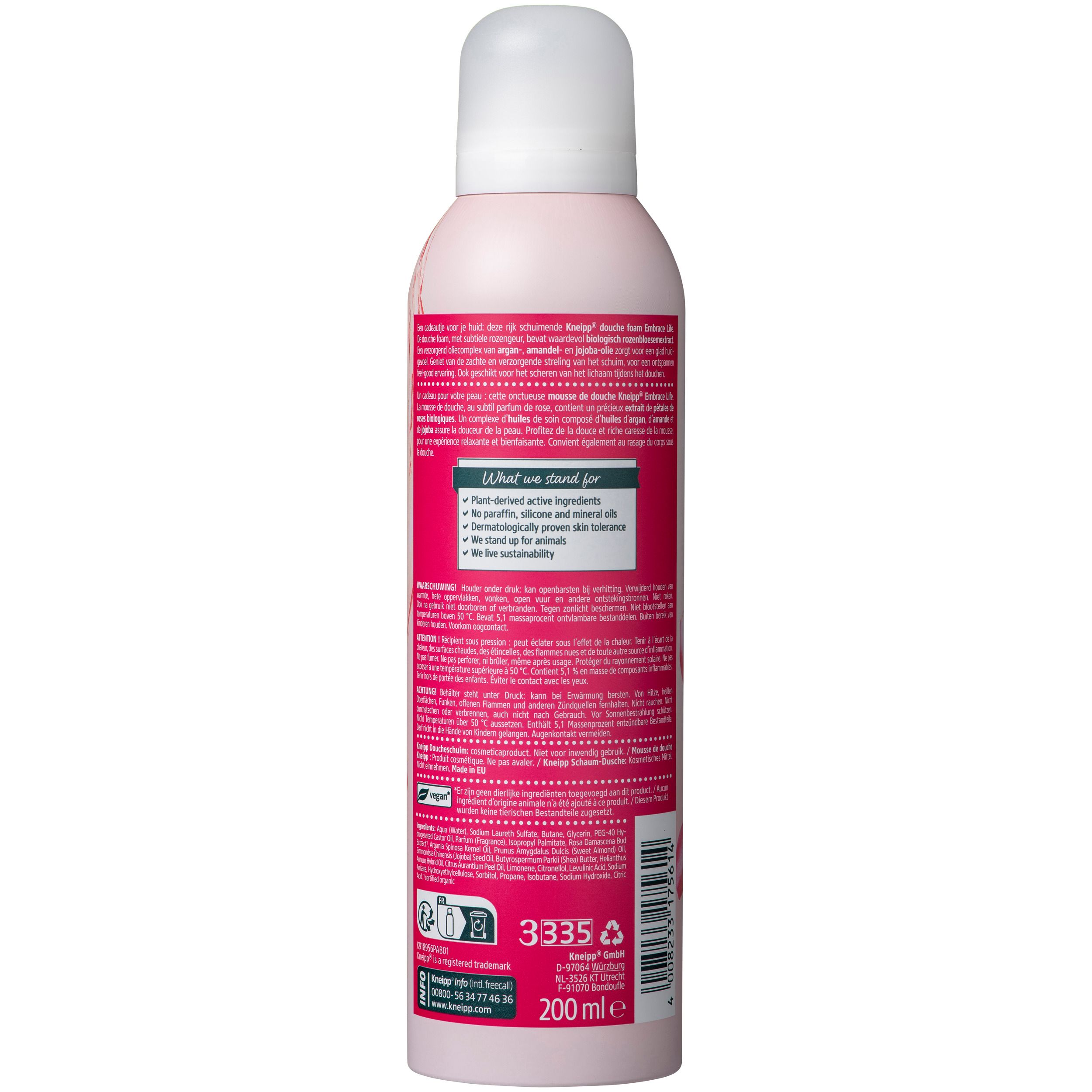Dos du flacon Kneipp Douche Foam. Texte et informations sur fond rose. 200 ml.