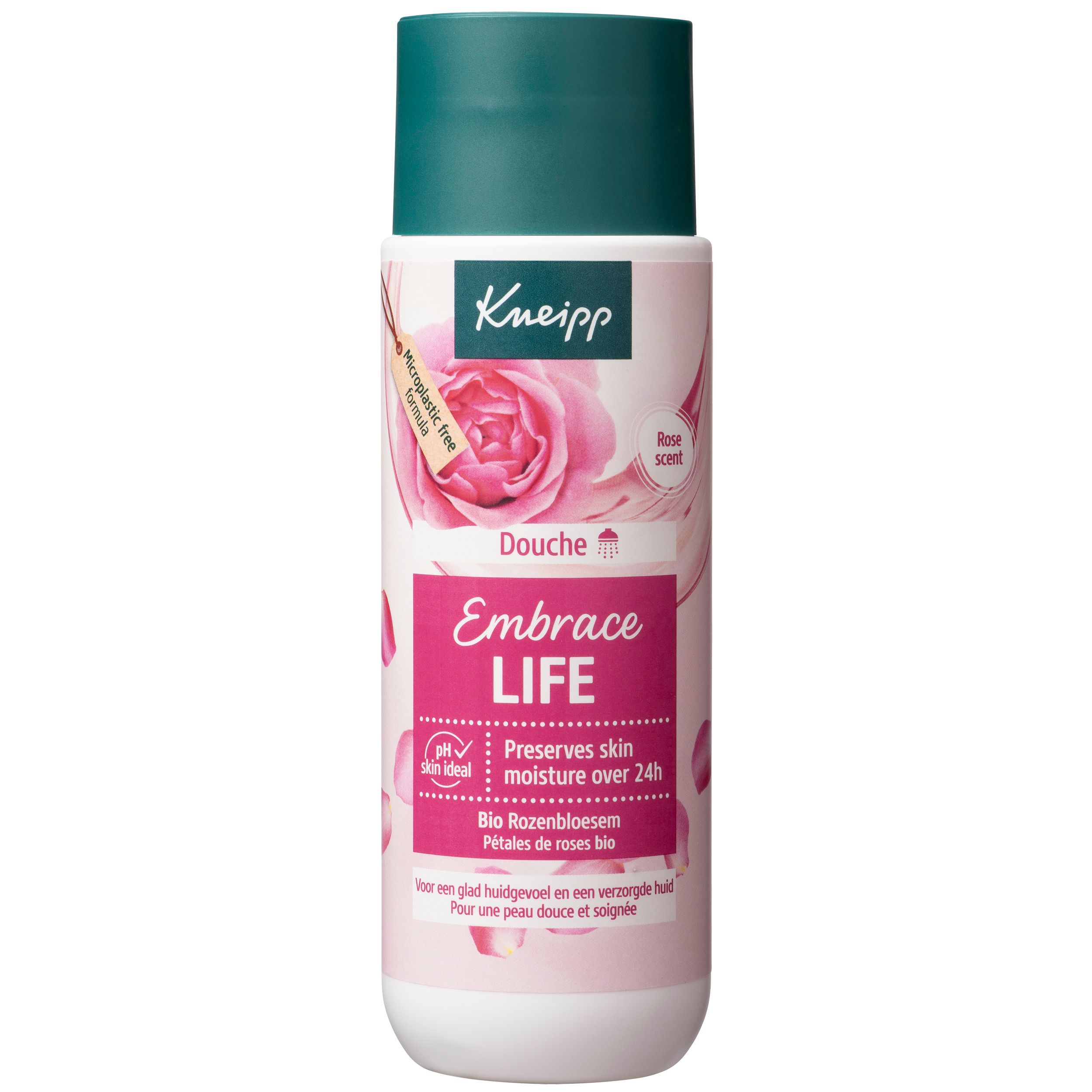 Gel douche Kneipp. Flacon rose et bouchon vert. Inscription: Embrace LIFE, pétales de roses. pH neutre.