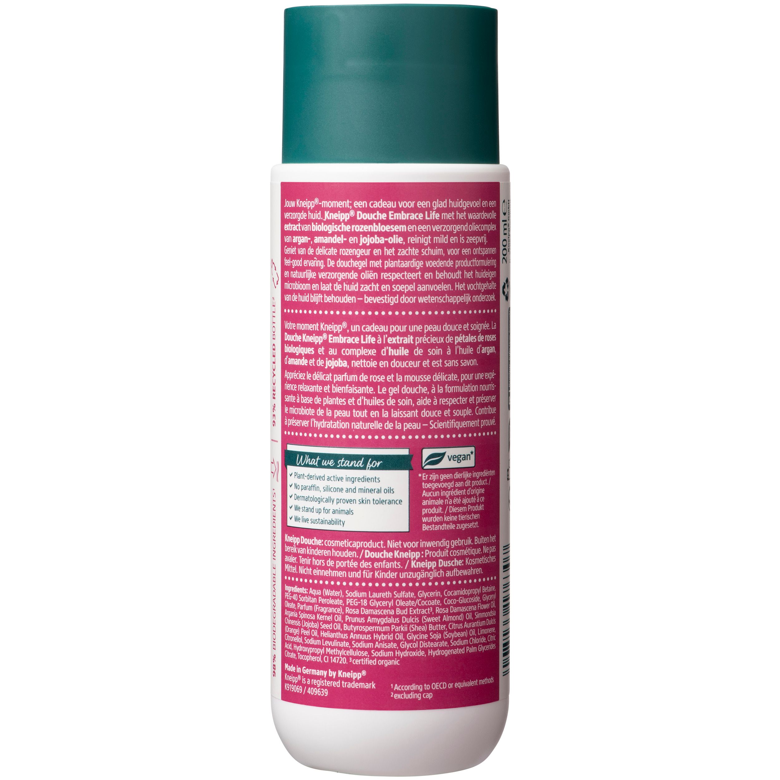 Dos du flacon de gel douche Kneipp. Texte multilingue. Label vegan. Ingrédients.