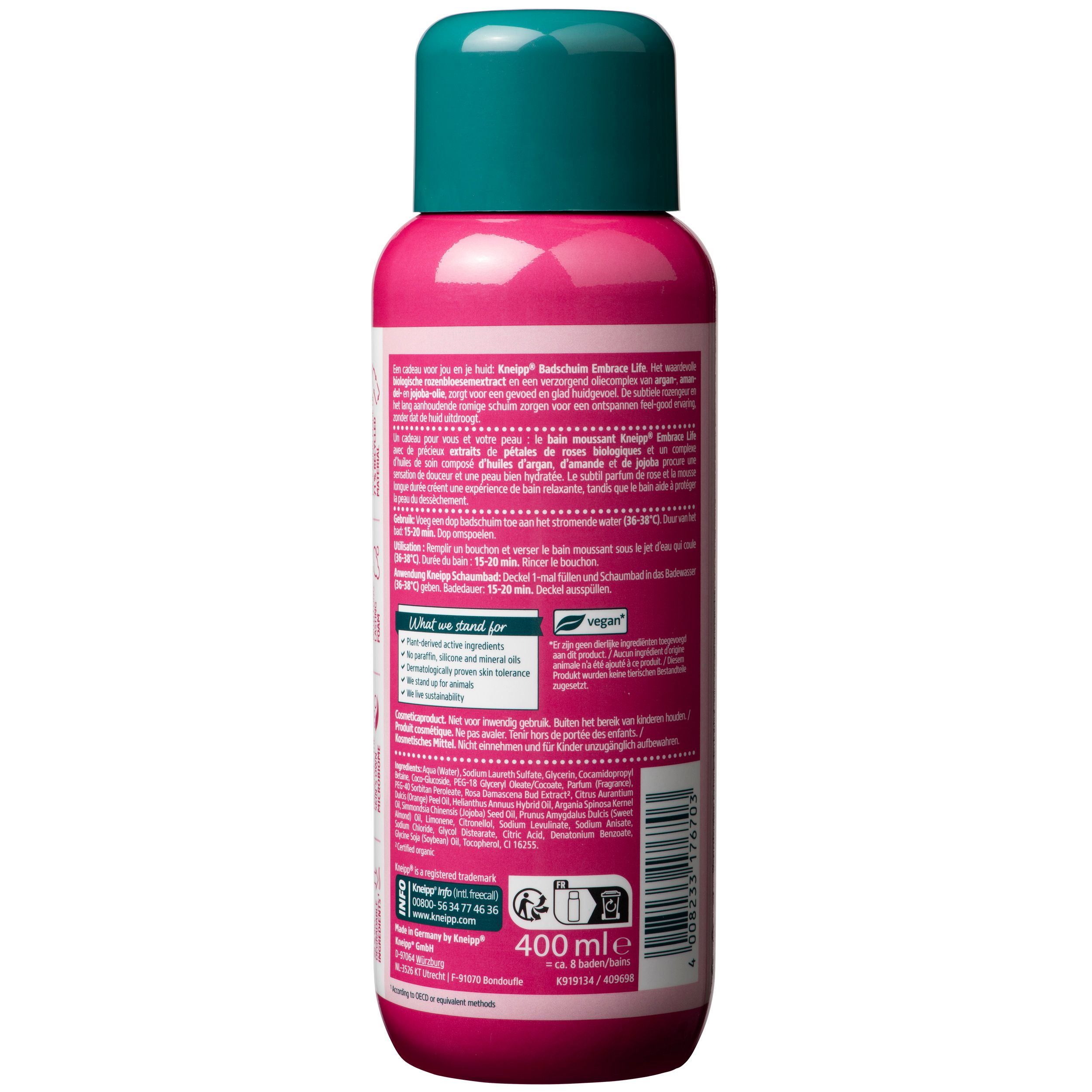 Dos du flacon de mousse de douche Kneipp. Texte en plusieurs langues. Logo vegan. 400 ml.
