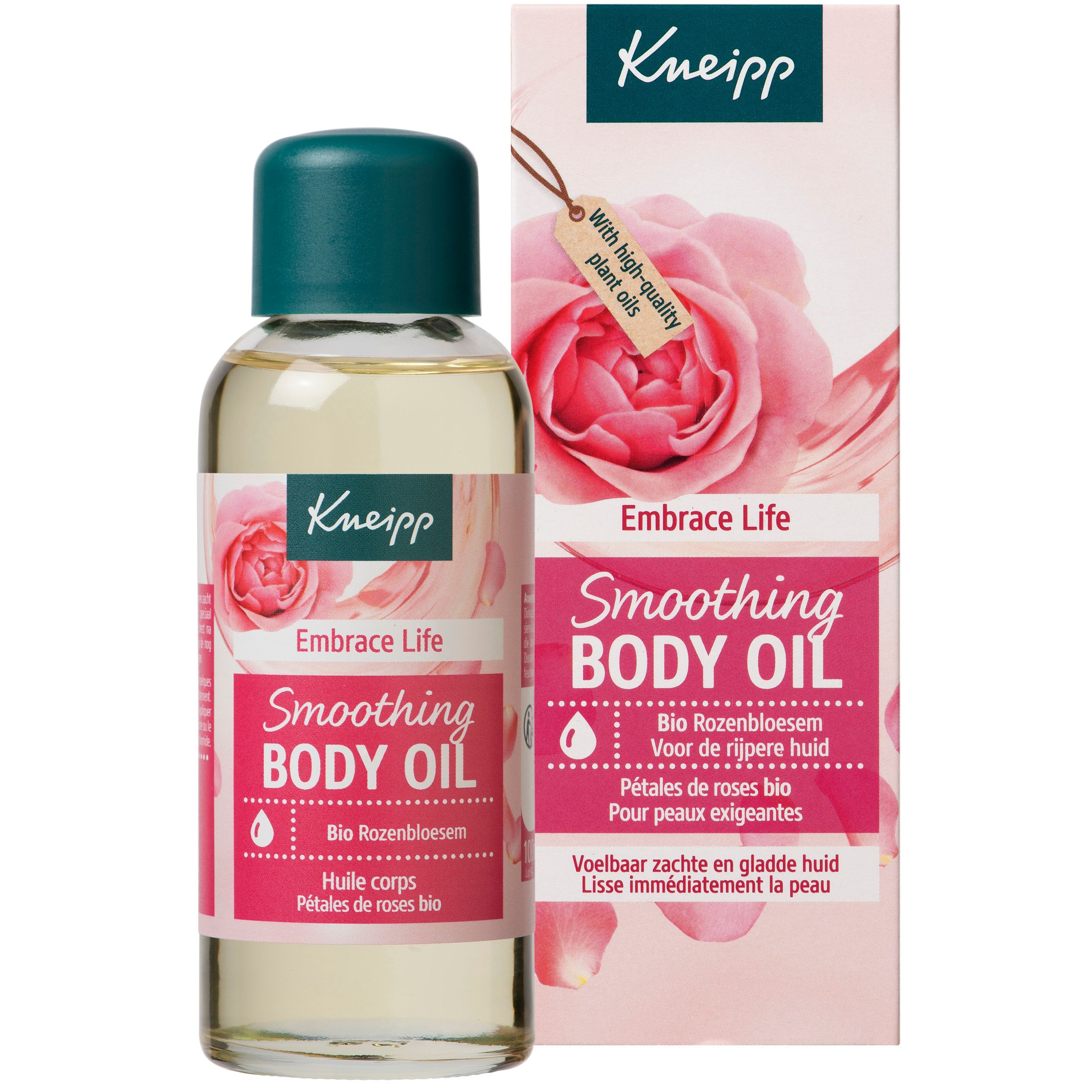 Kneipp-olieflacon, groene dop. Roze etiket met tekst en rozenblaadjes.