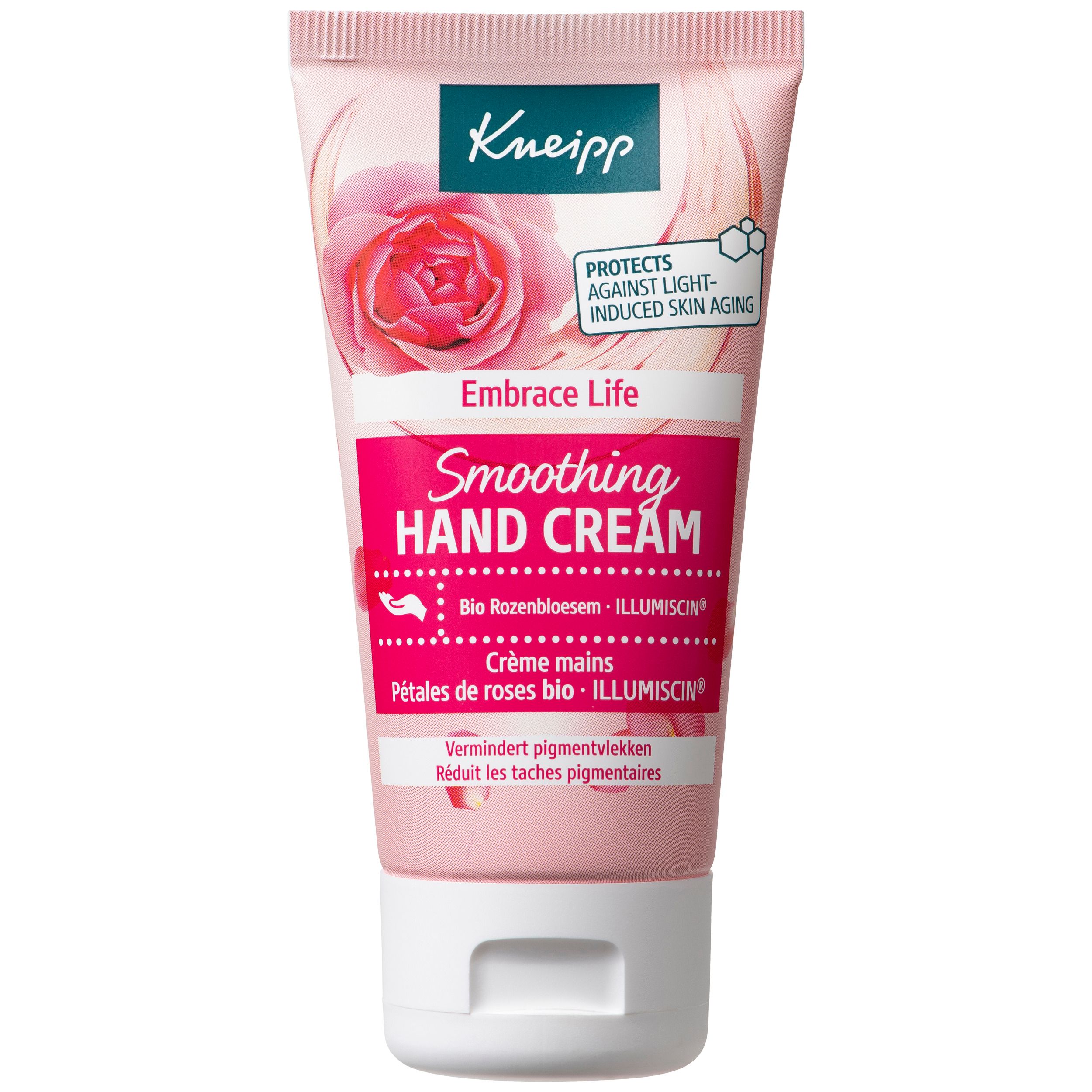 Tube de crème pour les mains rose Kneipp. Logo Kneipp, illustration de rose et texte: Embrace Life, Smoothing Hand Cream. Contient ILLUMISKIN.