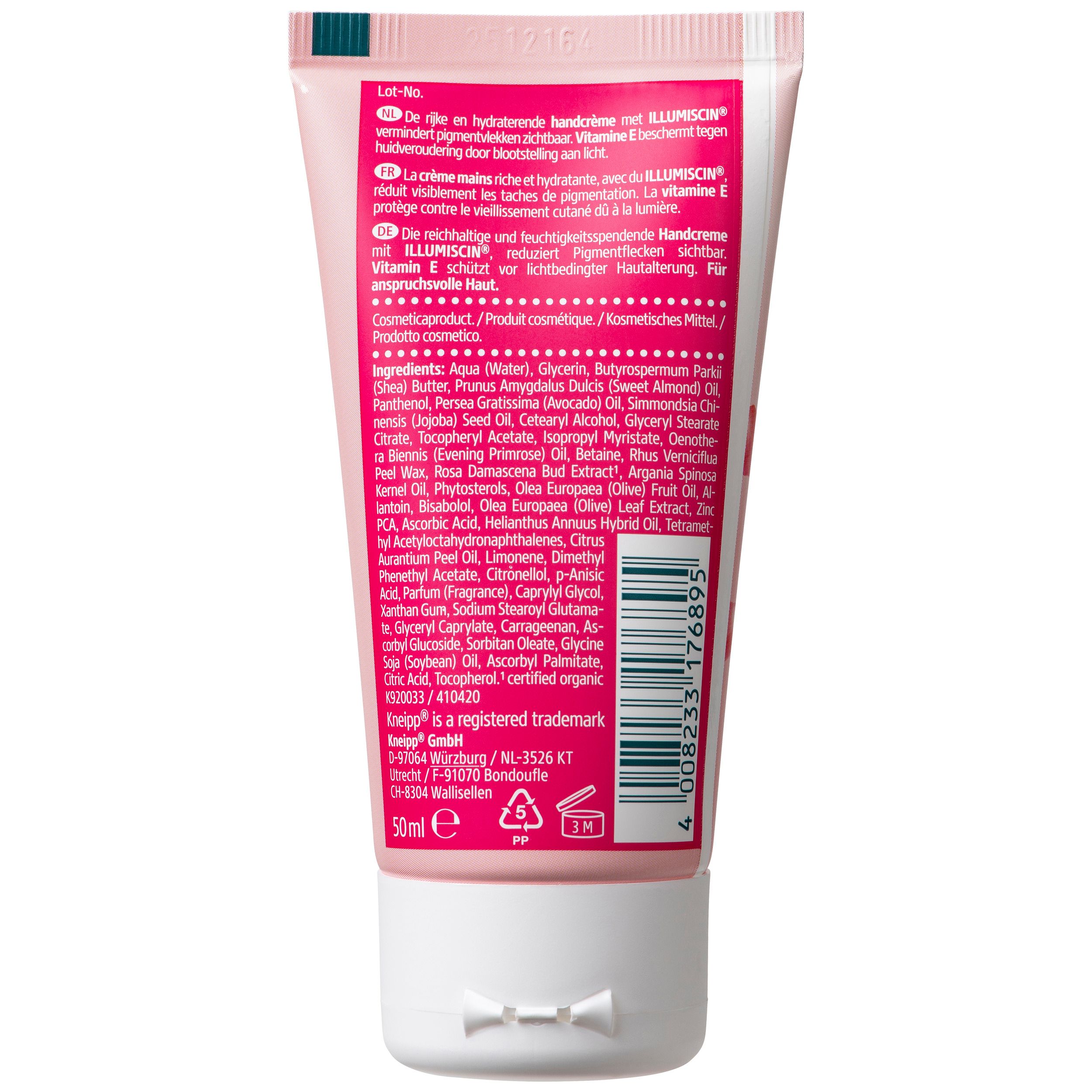 Dos d'un tube de crème pour les mains rose. Contient du texte sur les ingrédients, les informations du fabricant et un logo. 50ml.
