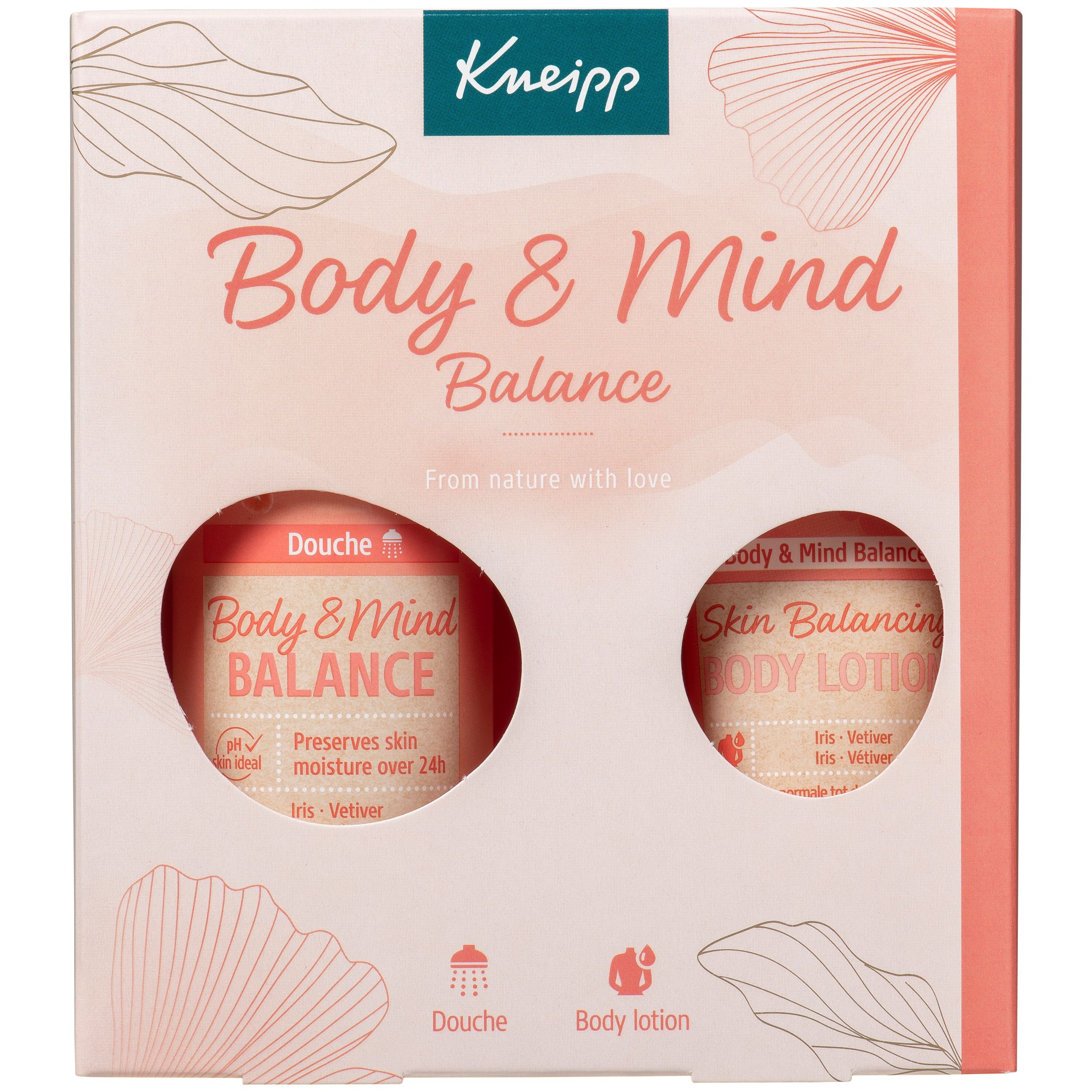 Kneipp geschenkverpakking met douchegel en bodylotion. Roze-witte verpakking met bloemmotieven.