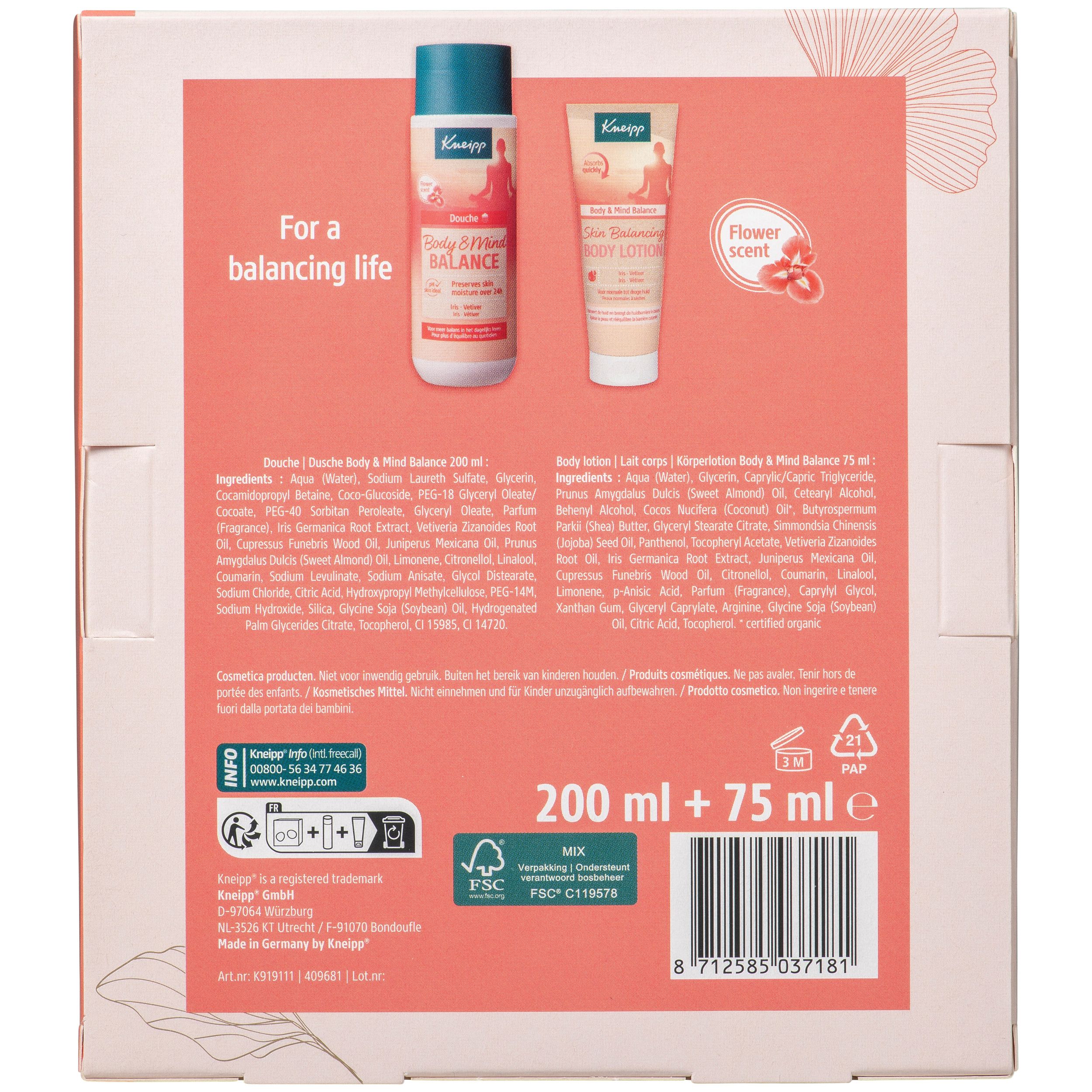 Achterkant van de geschenkverpakking met productinformatie. Bevat ingrediënten, volume en fabrikantinfo.