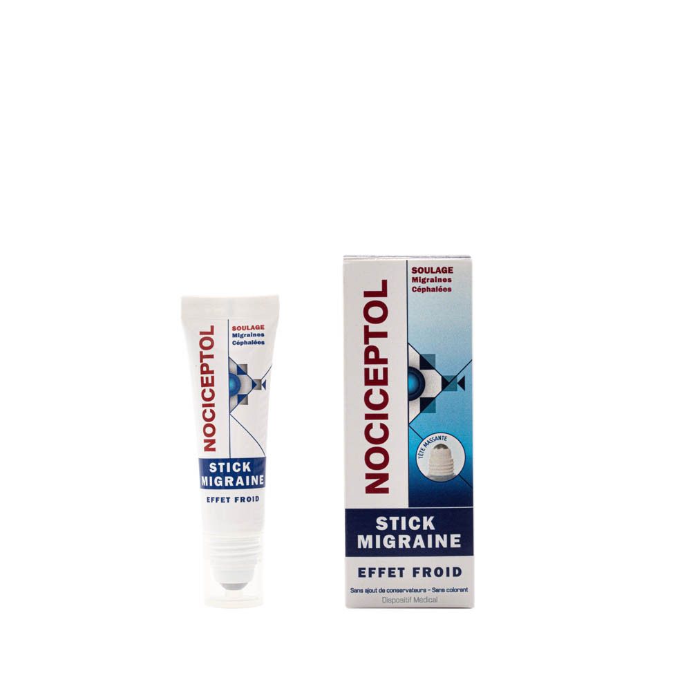 Product en verpakking. Stick en doos. Opschrift: Nociceptol, Stick Migraine, Effet Froid. Met roll-on applicator.
