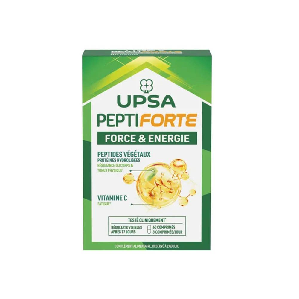 Boîte verte UPSA Peptiforte Force & Energie. Contient 60 comprimés. Contient de la vitamine C. Testé cliniquement.