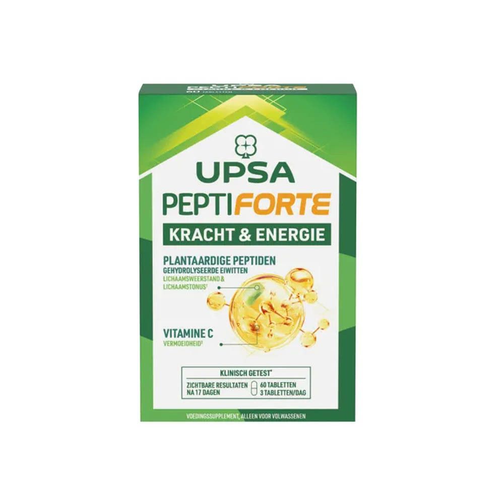 Groene doos UPSA Peptiforte Kracht & Energie. Bevat 60 tabletten. Bevat vitamine C. Klinisch getest.