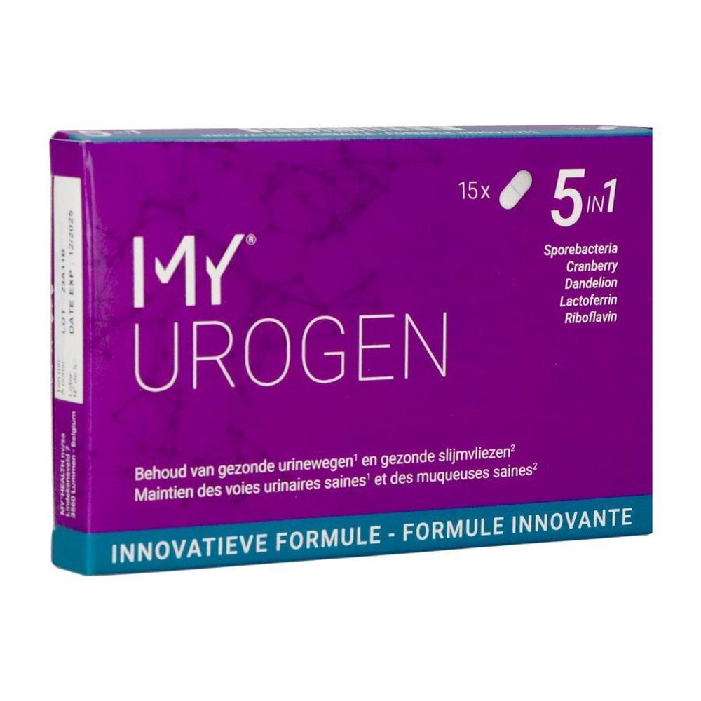 My Urogen 5in1 verpakking met 15 capsules. Voorkant met productnaam en 5in1-formule.