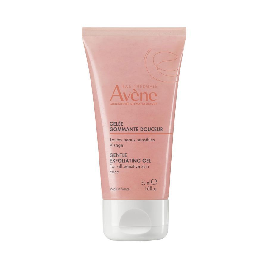Tube rose avec bouchon blanc. Inscription: Avène, GELÉE GOMMANTE DOUCEUR, pour peaux sensibles. 50 ml.