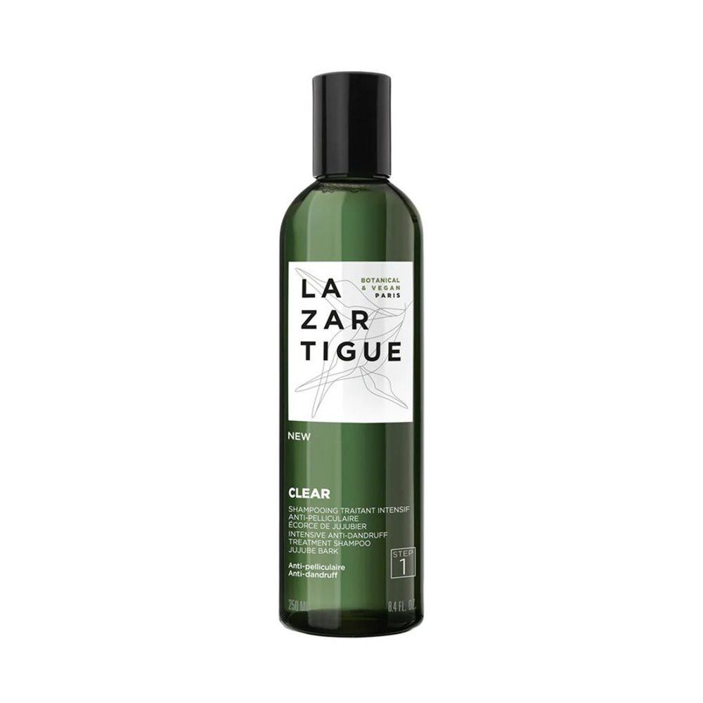 Groene shampoo fles. Opschrift: LAZARTIGUE, CLEAR, anti-roos shampoo. Vegan, 1.