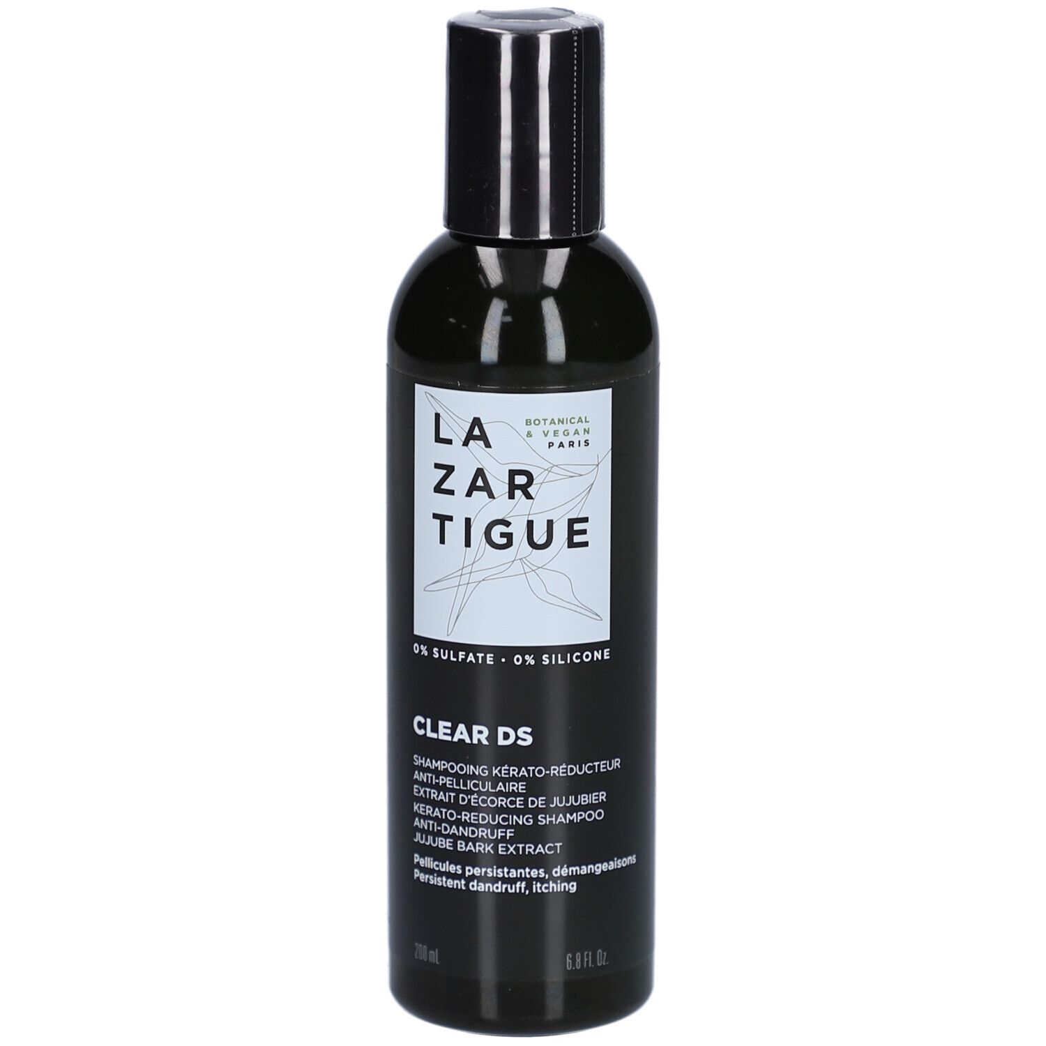 Flacon noir de shampooing. Inscription: LAZARTIGUE, CLEAR DS. Contient de l'extrait de jujube. 200 ml.