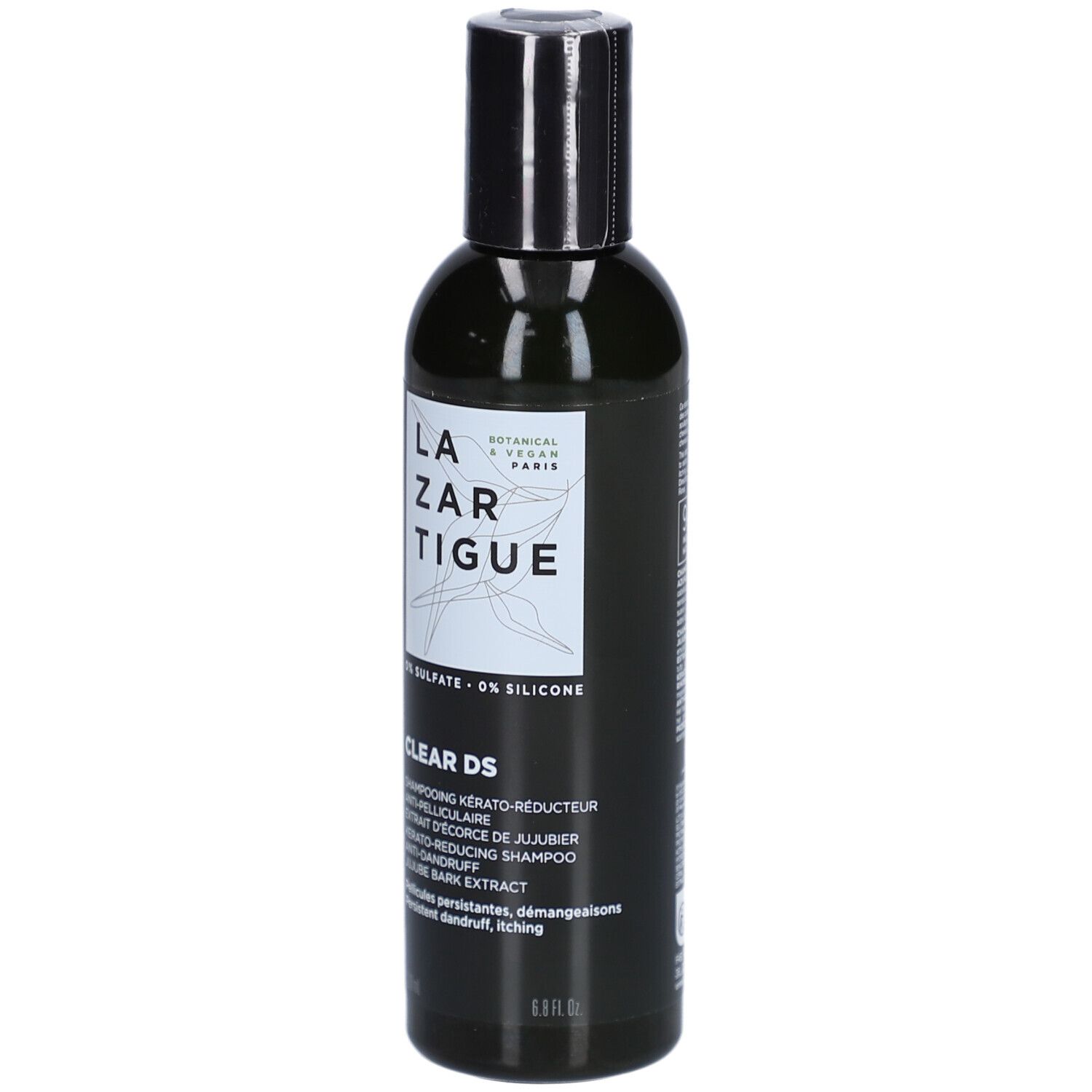 Flacon noir de shampooing. Inscription: LAZARTIGUE, CLEAR DS. Contient de l'extrait de jujube. 8.8 fl. oz.