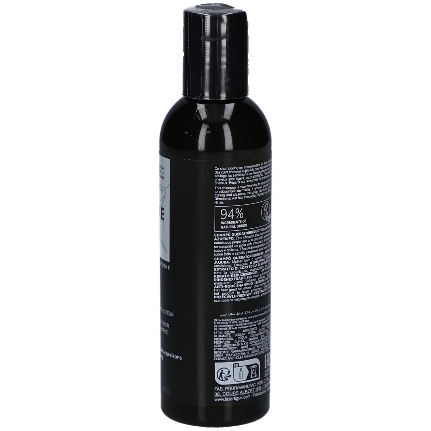 Flacon de shampooing noir. Inscription: LAZARTIGUE. 94% d'ingrédients d'origine naturelle. Bouchon noir.