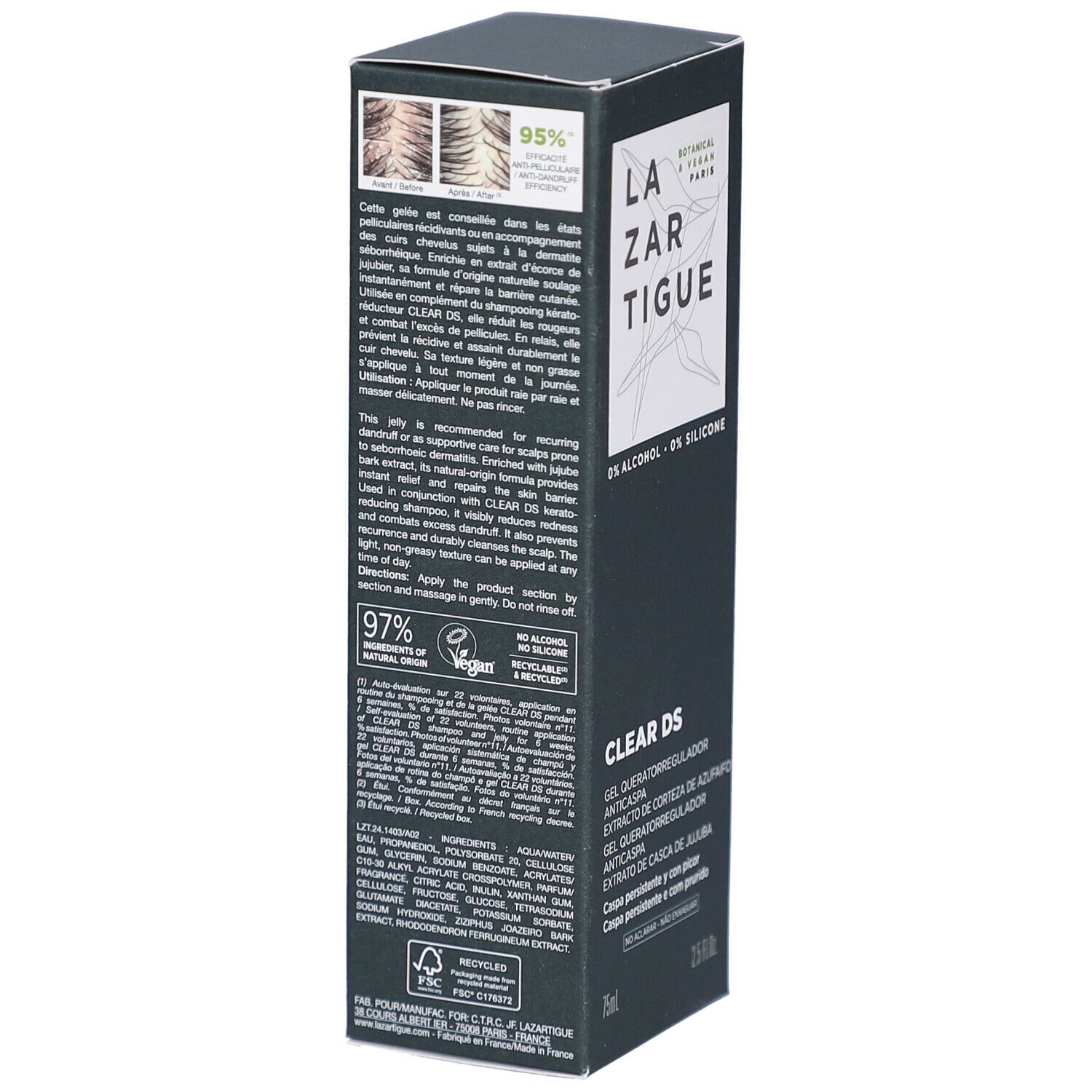 Boîte noire avec le nom LAZARTIGUE et CLEAR DS. Contient du texte en plusieurs langues. 75ml et 2.5 FL.OZ.