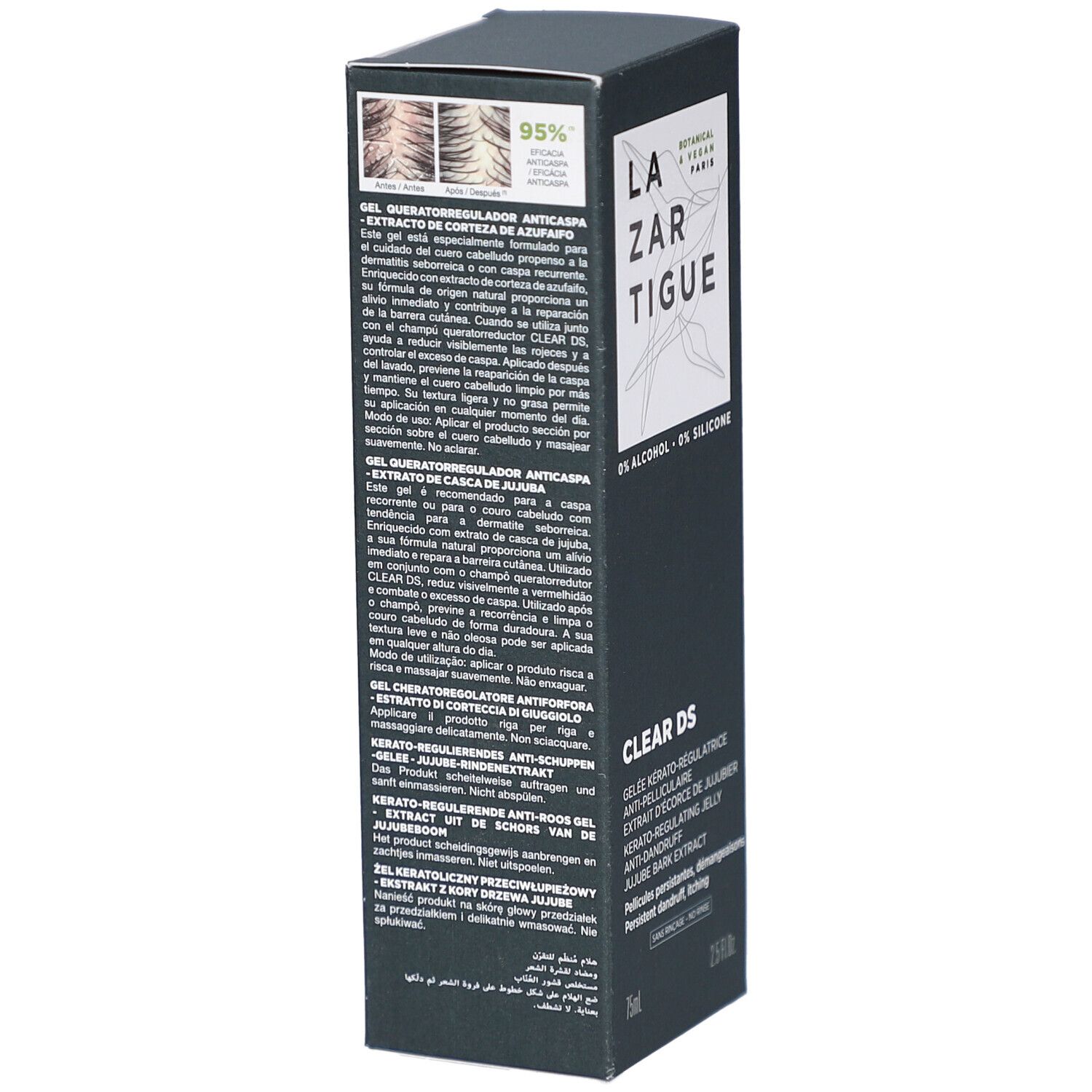 Boîte noire avec le nom LAZARTIGUE et CLEAR DS. Contient du texte en plusieurs langues. 75ml et 2.5 FL.OZ.