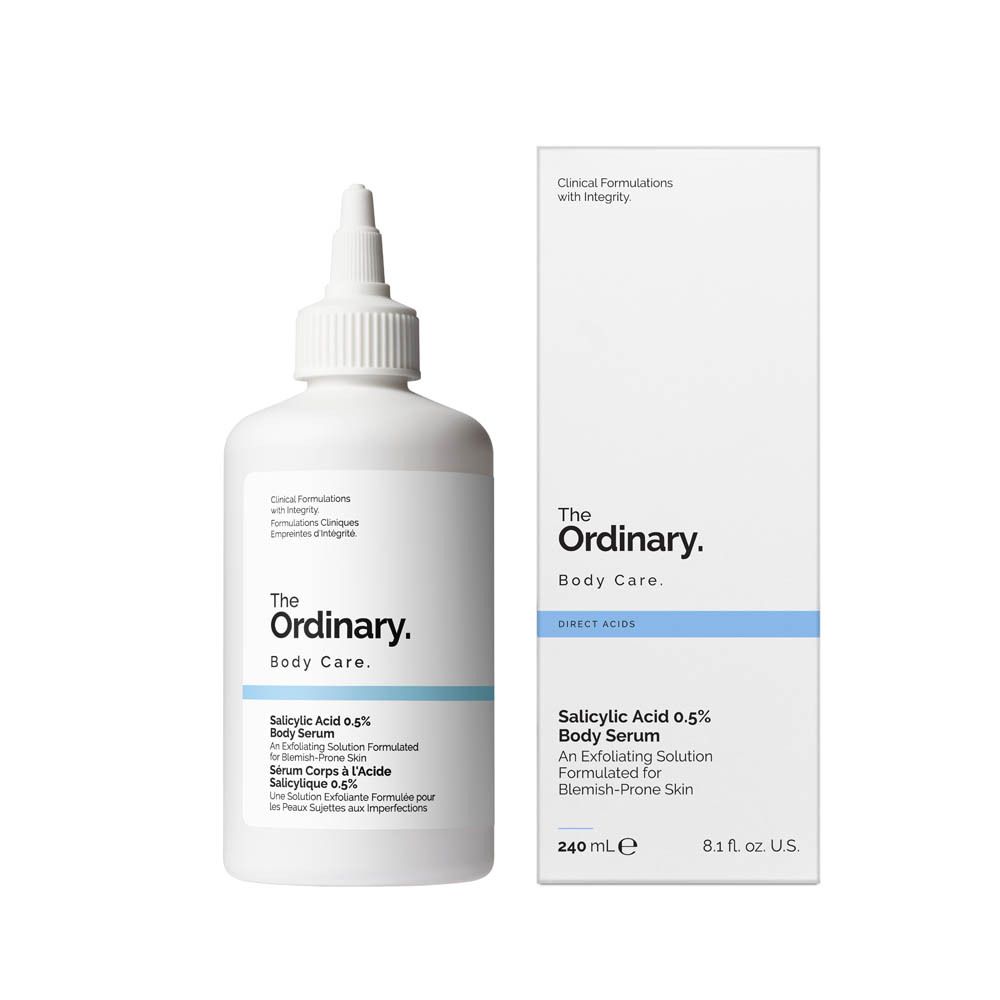Flacon et emballage du produit. Inscription : The Ordinary. Salicylic Acid 0.5% Body Serum. 240 ml.