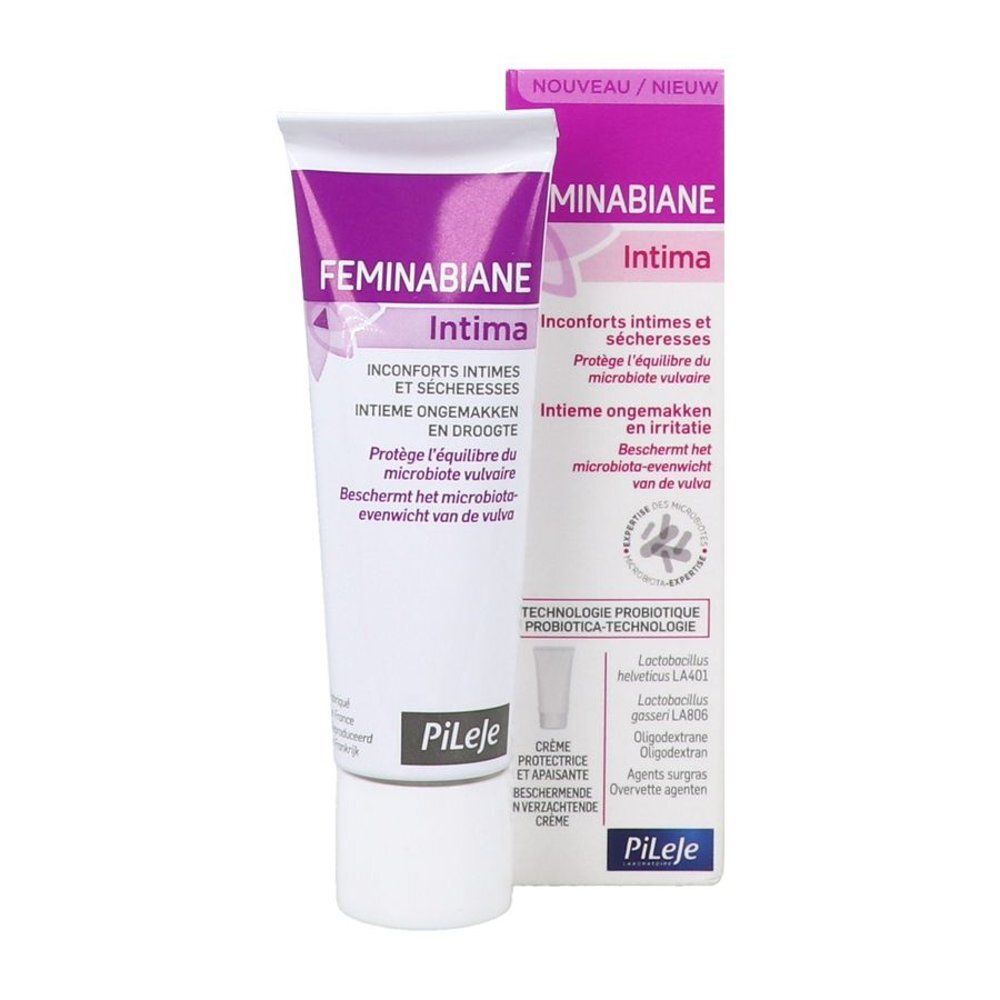 Tube de crème et étui. Inscriptions: Feminabiane Intima. Textes en français et néerlandais. Marque: Pileje.