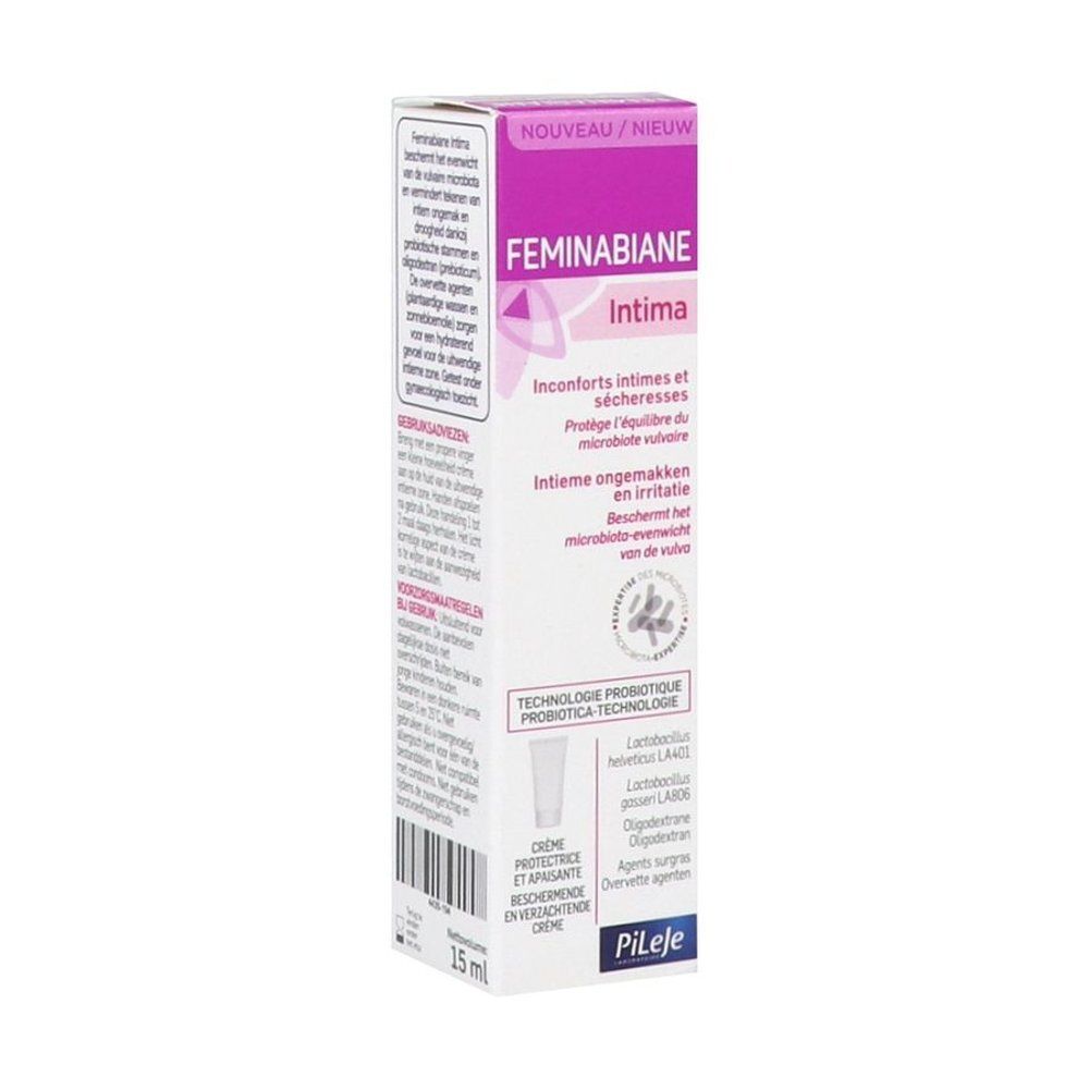 Doos. Opschrift: Feminabiane Intima. Tekst in het Frans en Nederlands. Merk: Pileje. Volume: 15 ml.