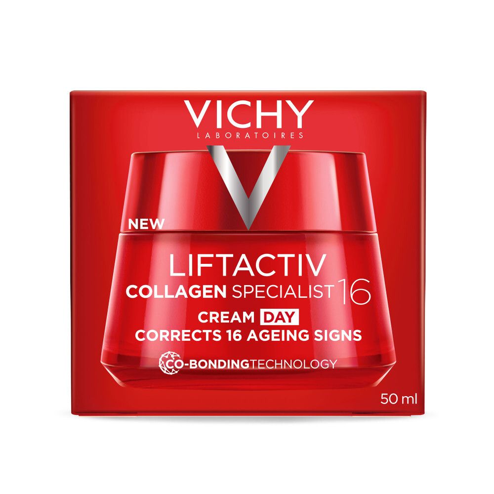Rode verpakking met Vichy Liftactiv Collagen Specialist 16 Crème de Jour. Logo en productnaam.