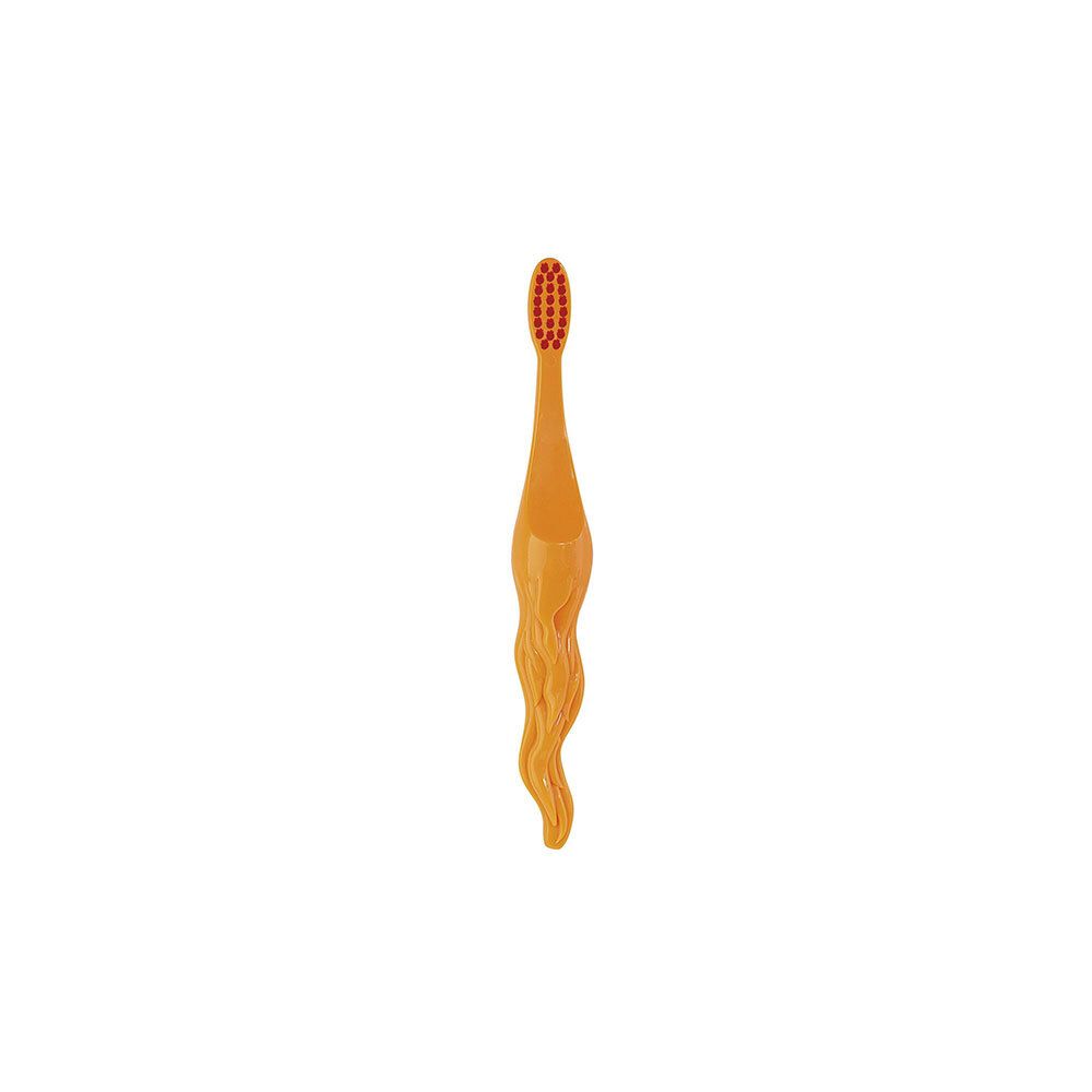 Brosse à dents enfant orange. Soie souple, manche avec design ondulé. Sans emballage.