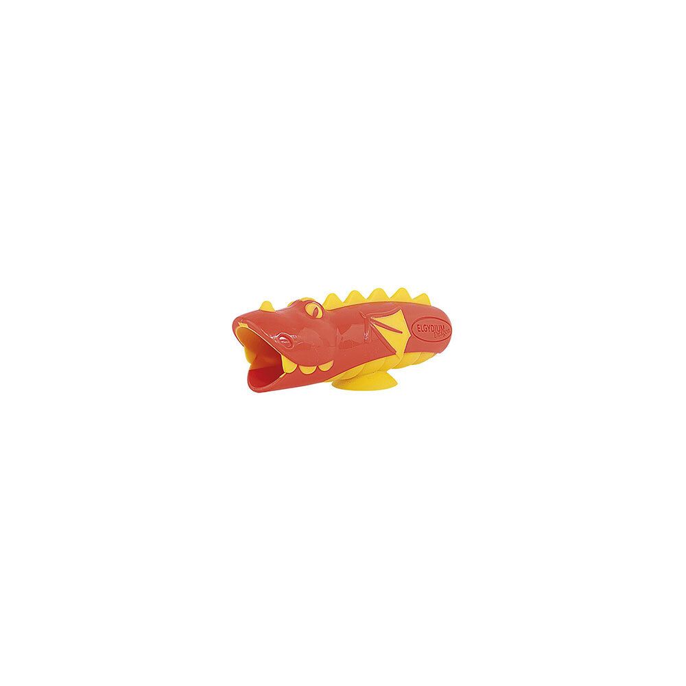 Support de brosse à dents rouge et jaune en forme de dragon. Crêtes jaunes, bouche ouverte. Sans brosse à dents.