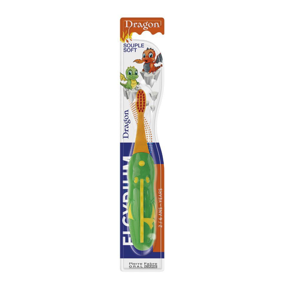 Brosse à dents enfant verte avec motif dragon. Soie souple, manche avec accents jaunes. Emballage avec nom et âge.