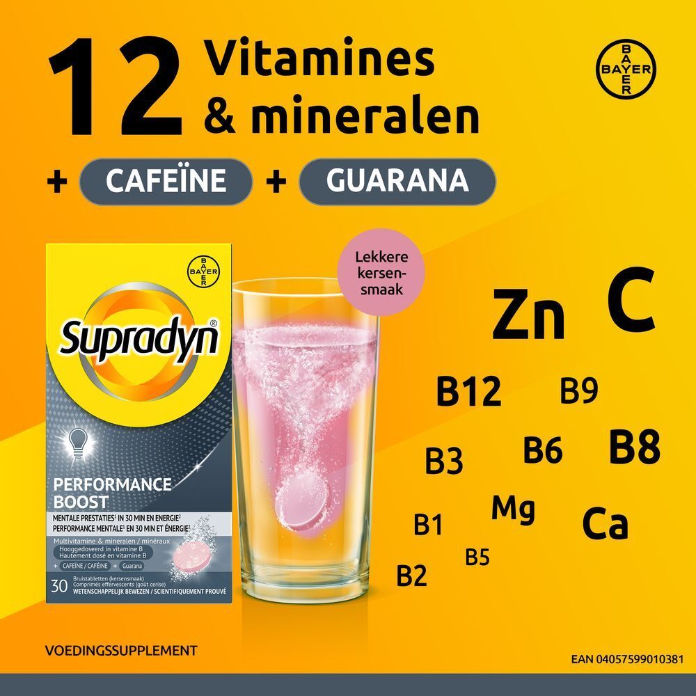 Grafiek met 12 vitaminen & mineralen, cafeïne en guarana. Product en glas.