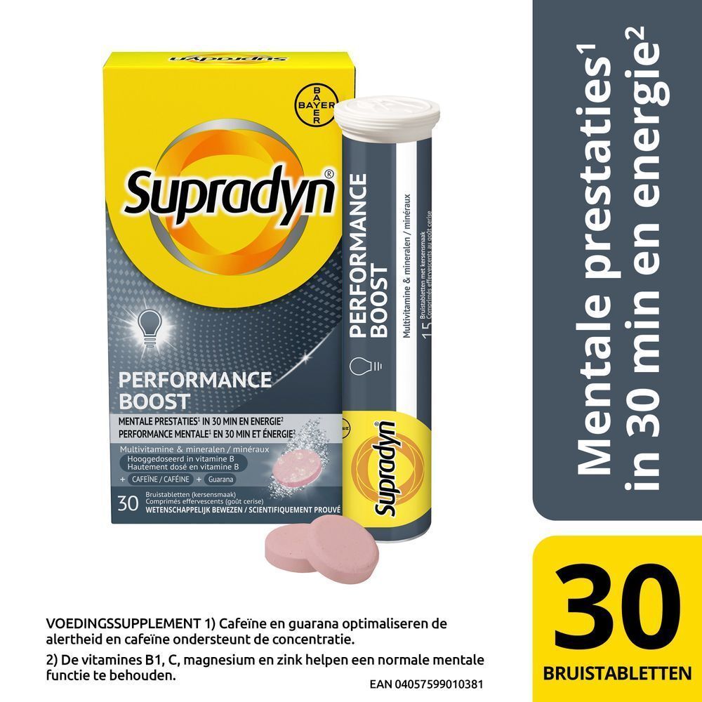 Supradyn Performance Boost verpakking met tablettenkoker en twee tabletten.