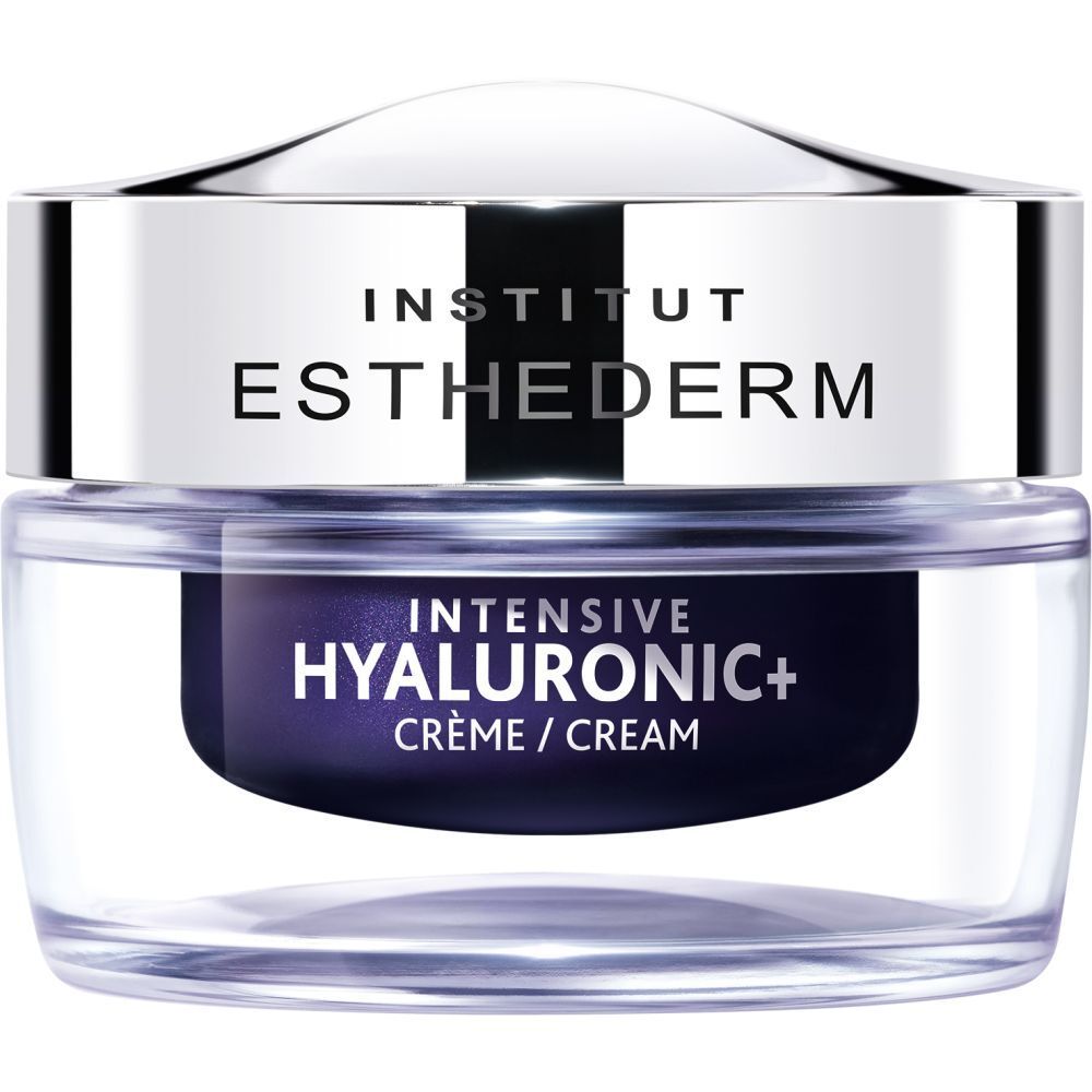 Pot en verre avec couvercle argenté. L'étiquette indique "Institut Esthederm Intensive Hyaluronic+ Crème/Cream".