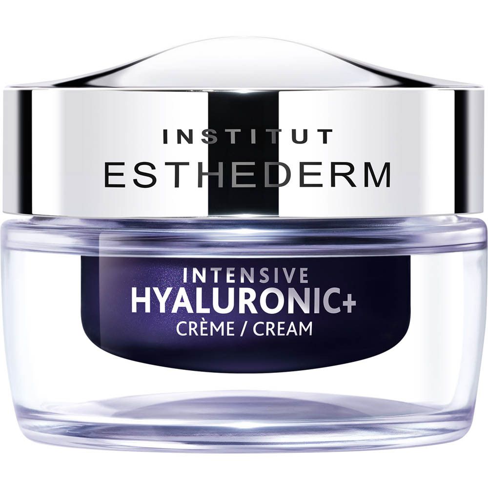 Crèmepot met zilveren deksel. Opschrift: Institut Esthederm, Intensive Hyaluronic+ Crème/Cream.