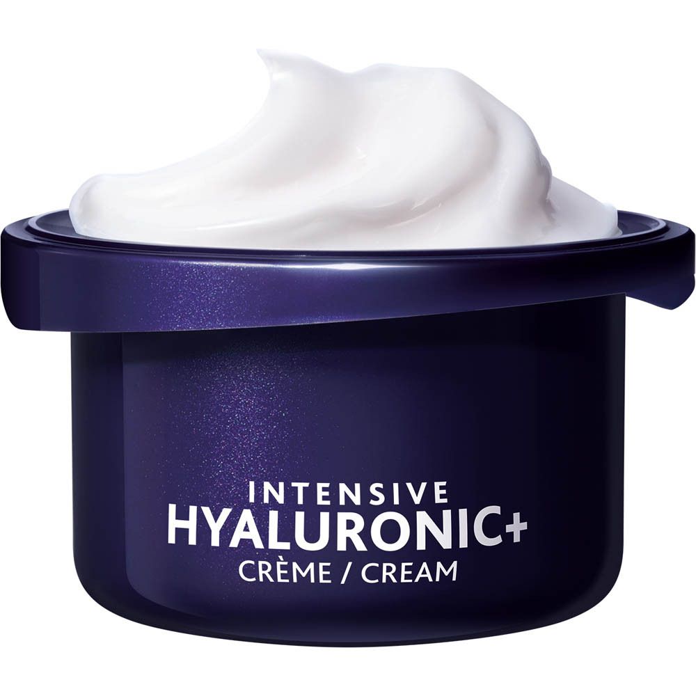 Blauw potje met witte crème. Opschrift: Intensive Hyaluronic+, Crème/Cream.
