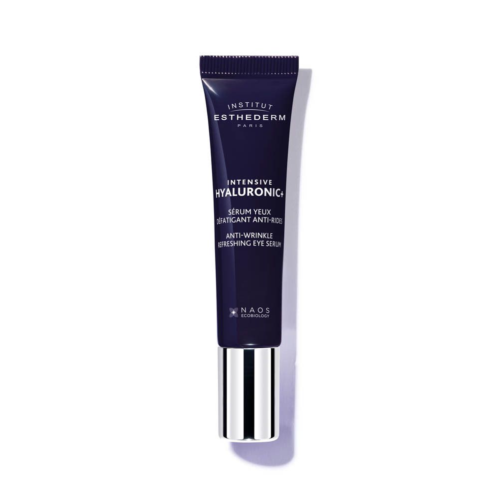 Donkerblauwe tube met zilveren dop. Tekst: Institut Esthederm, Intensive Hyaluronic, Serum yeux, Anti-Wrinkle, Refreshing Eye Serum.