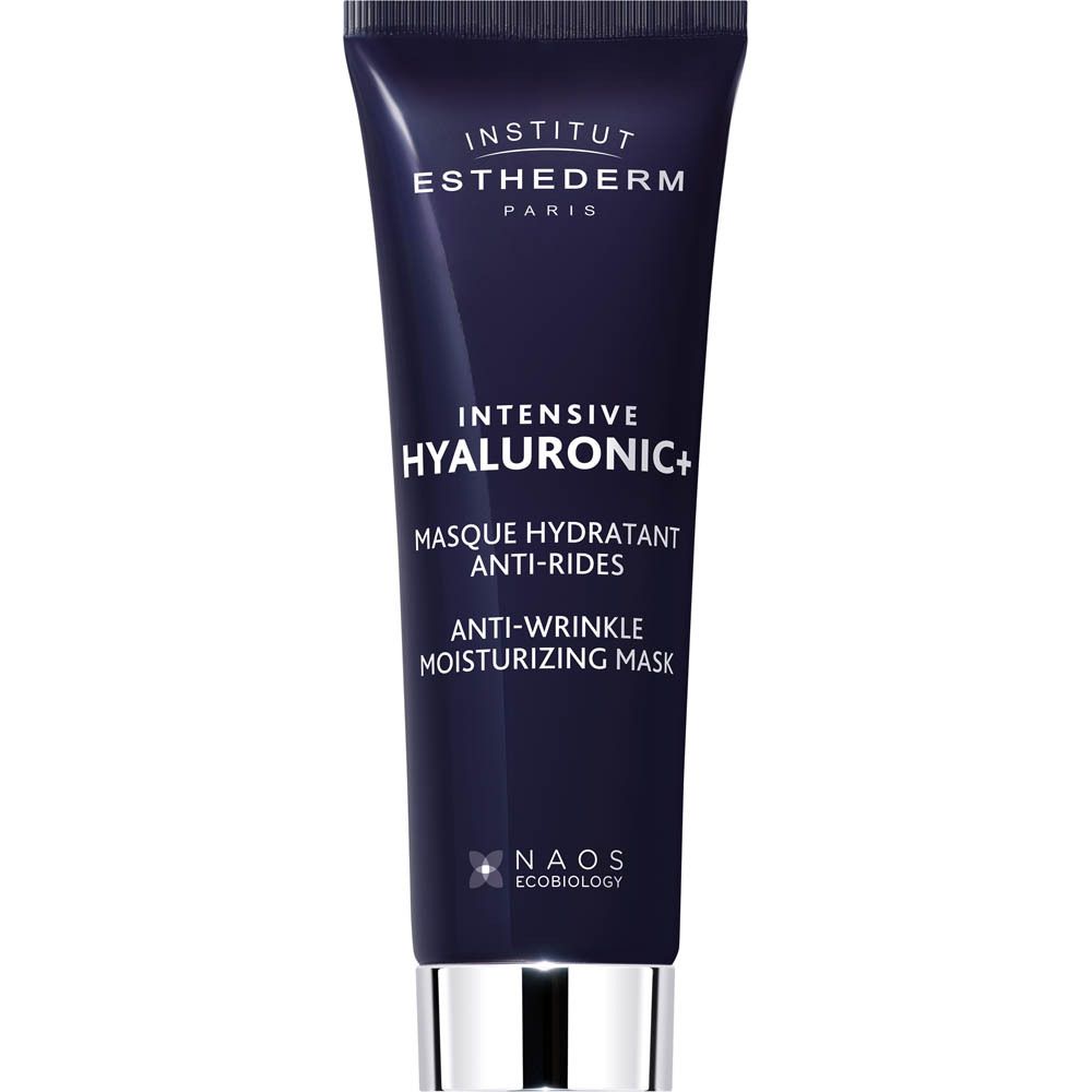 Zwarte tube met blauwe tekst. Productnaam: Intensive Hyaluronic+ Masque Hydratant Anti-rides.