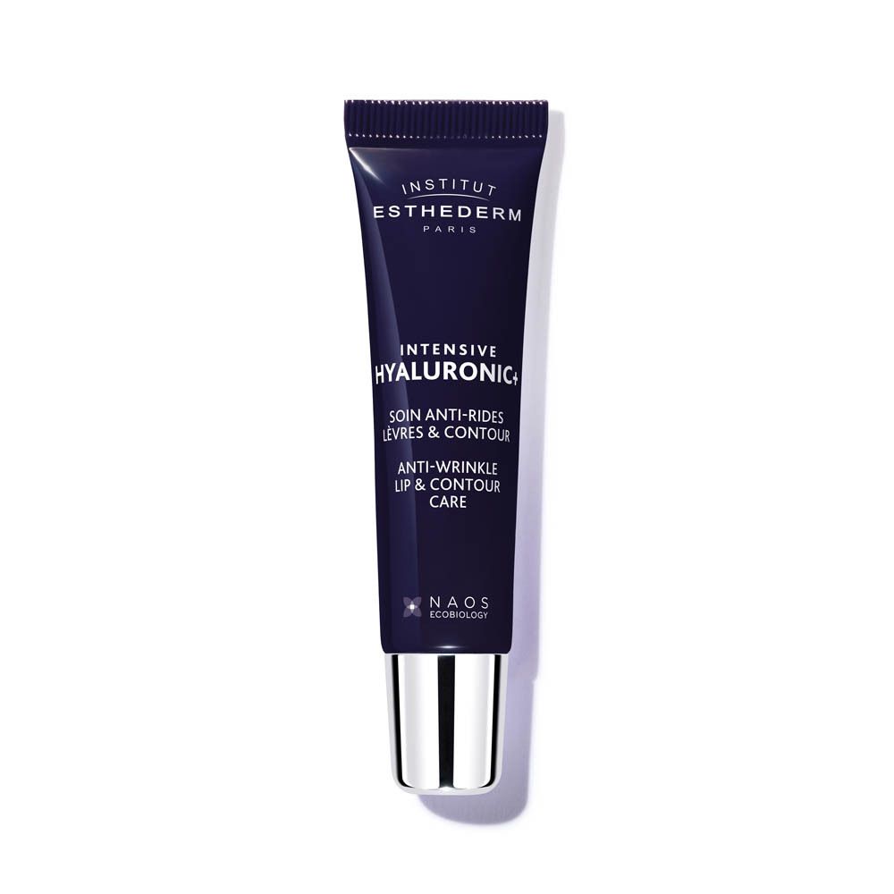 Tube met opschrift: Institut Esthederm Paris, Intensive Hyaluronic+, Anti-Wrinkle Lip & Contour Care.