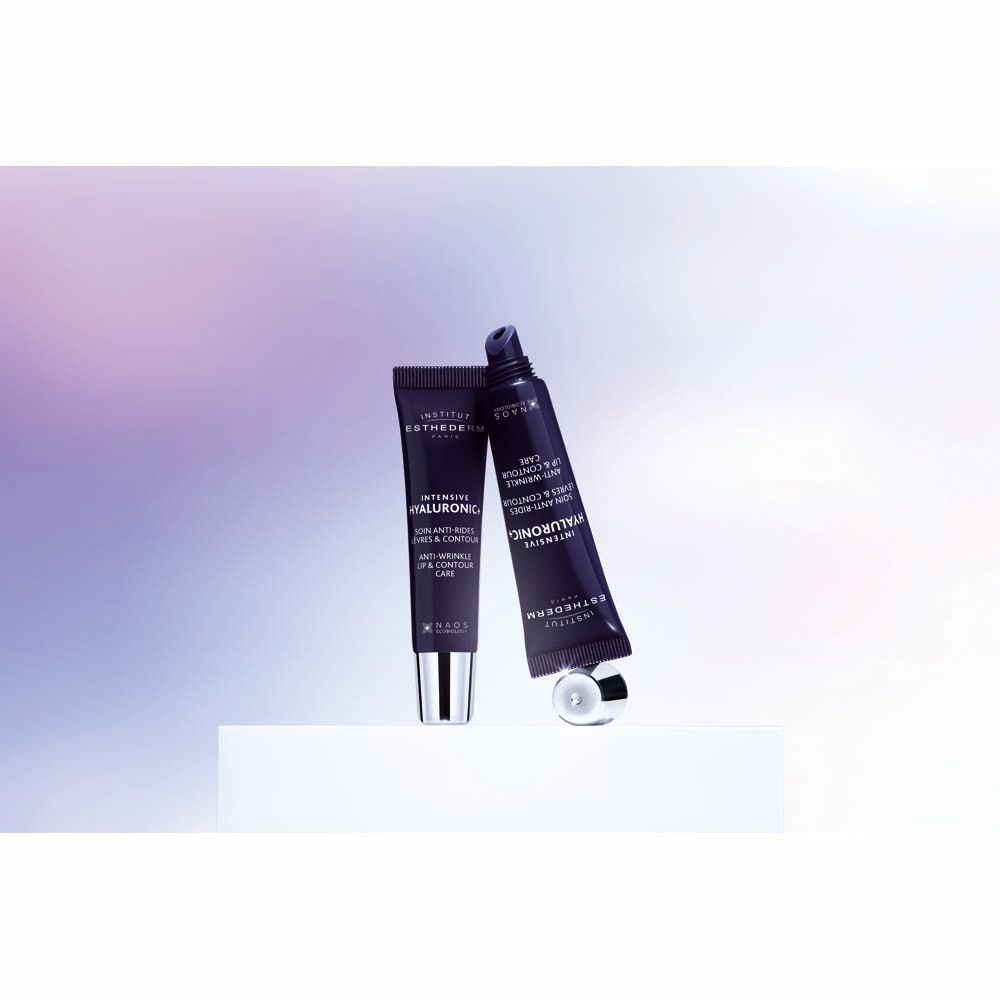 Deux tubes. Inscription: Institut Esthederm Paris, Intensive Hyaluronic+, Anti-Wrinkle Lip & Contour Care.