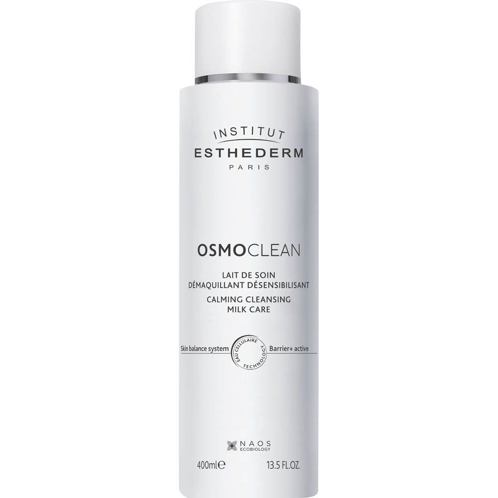 Flacon blanc avec texte. INSTITUT ESTHEDERM PARIS, Osmoclean, Lait de Soin Démaquillant Désensibilisant. 400ml.