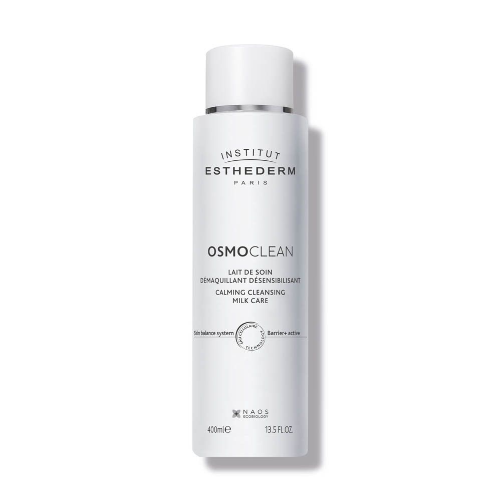 Flacon blanc avec texte. INSTITUT ESTHEDERM PARIS, Osmoclean, Lait de Soin Démaquillant Désensibilisant. 400ml.