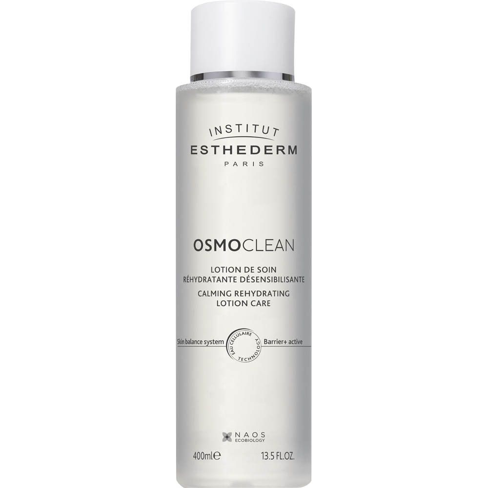 Transparante fles met witte dop. Opschrift: Institut Esthederm, Osmoclean, Lotion Soin Hydra Désensibilisante.