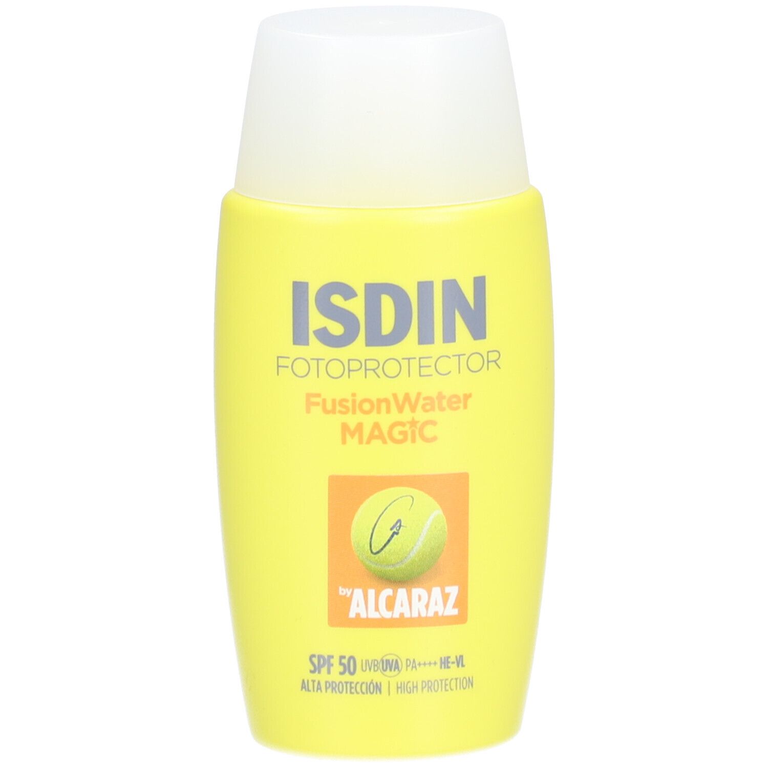 Gele fles met witte dop. Opschrift: ISDIN Fotoprotector FusionWater MAGIC, SPF 50, Alcaraz-logo.