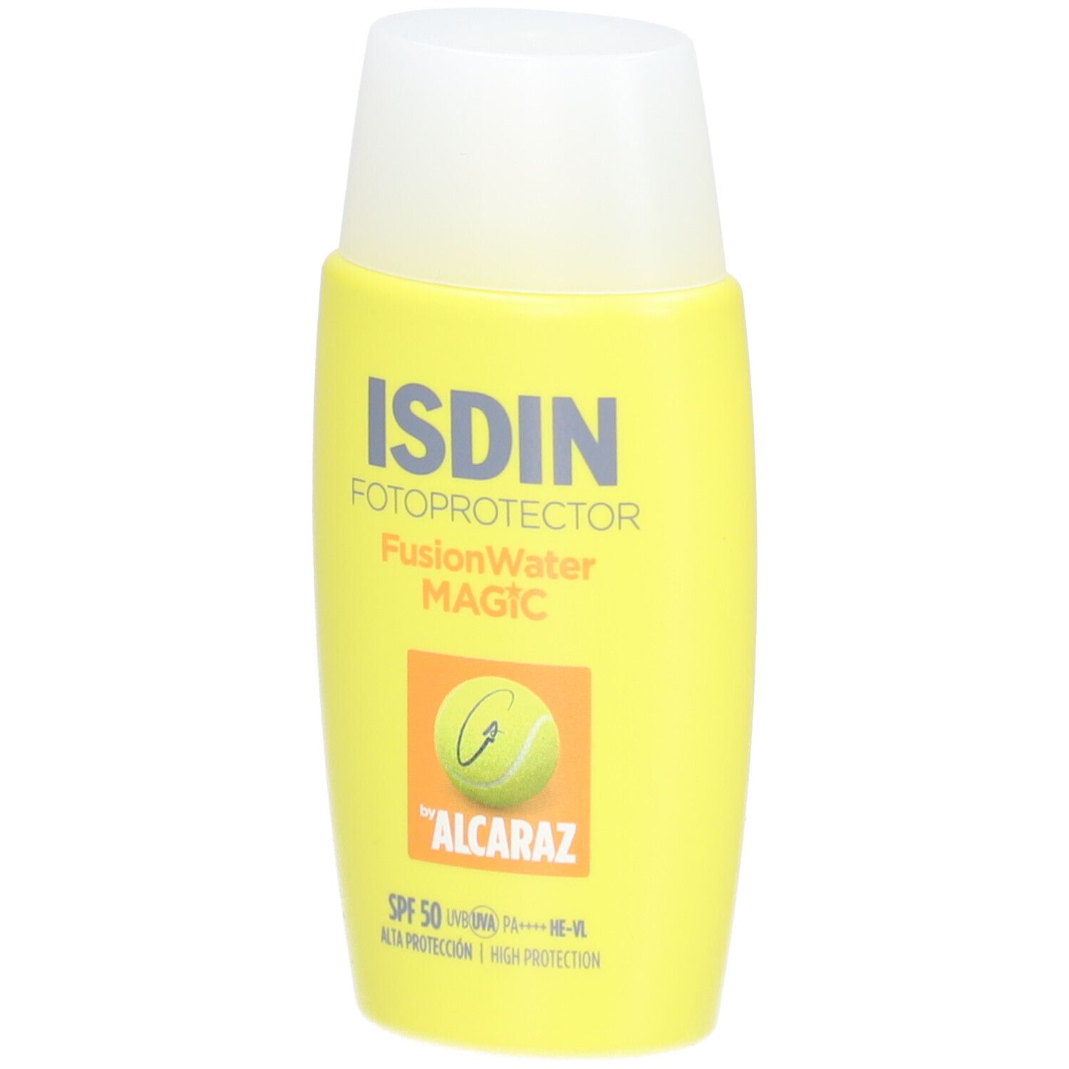 Gele fles met witte dop. Opschrift: ISDIN Fotoprotector FusionWater MAGIC, SPF 50, Alcaraz-logo.