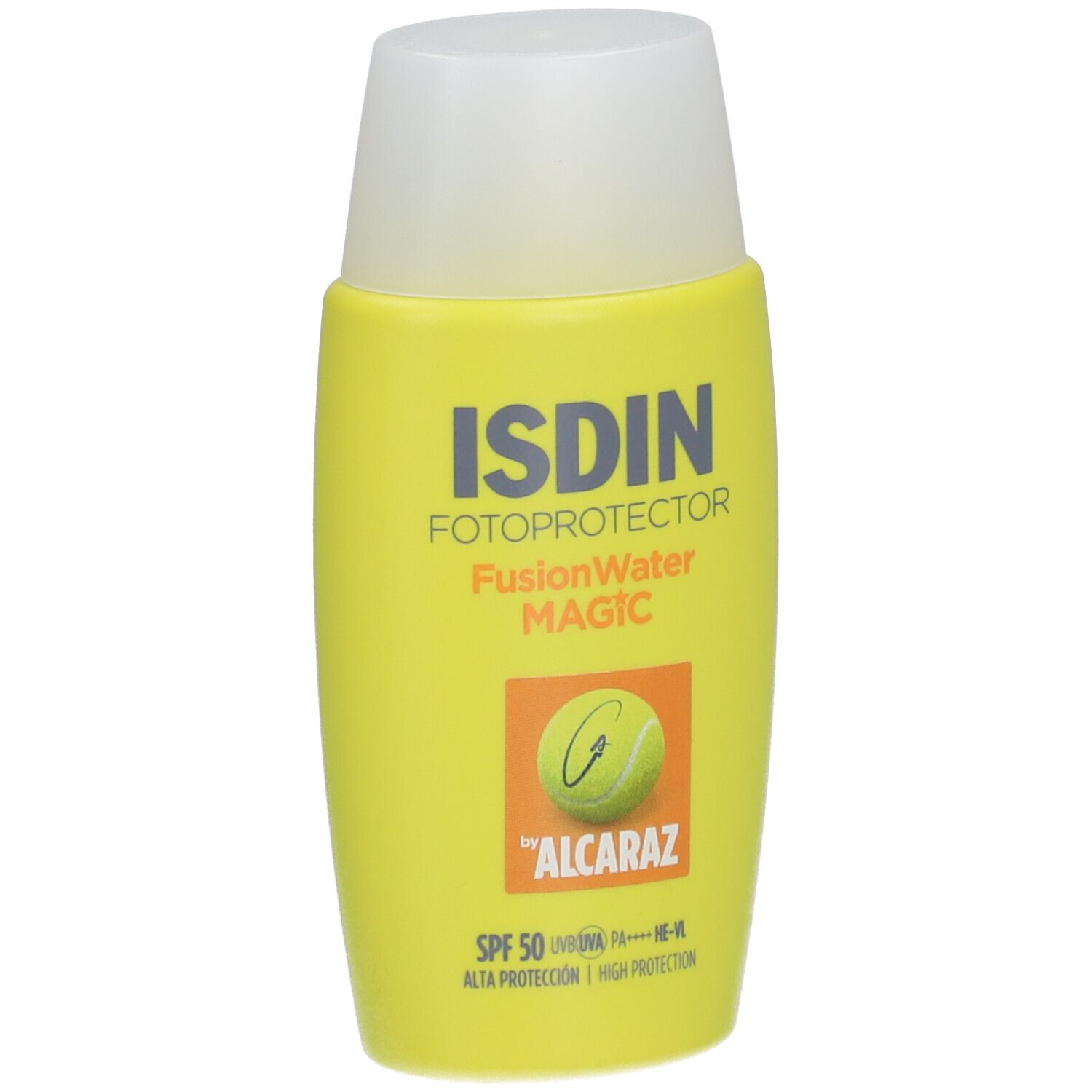 Gele fles met witte dop. Opschrift: ISDIN Fotoprotector FusionWater MAGIC, SPF 50, Alcaraz-logo.