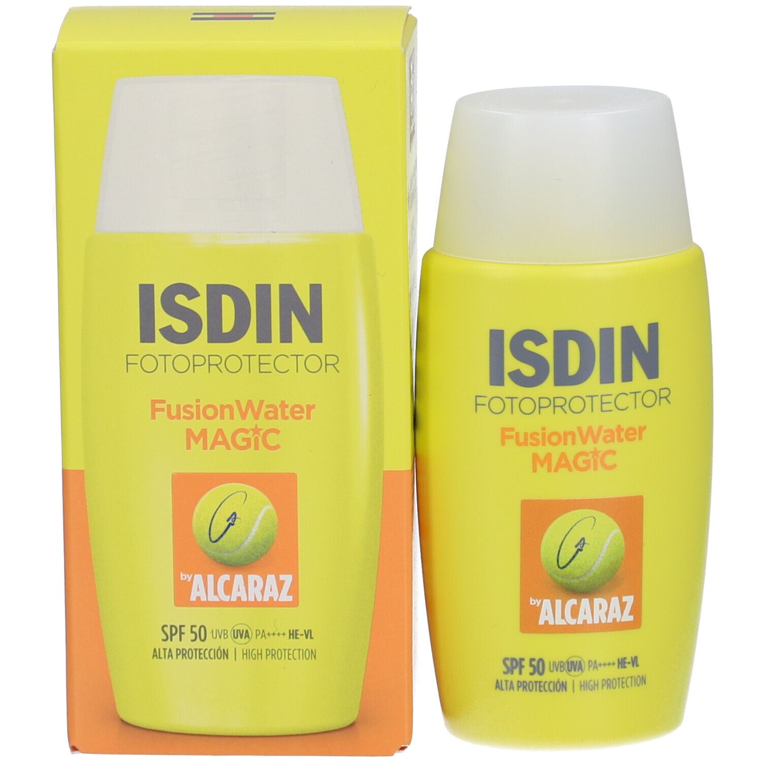 Gele fles en verpakking met witte dop. Opschrift: ISDIN Fotoprotector FusionWater MAGIC, SPF 50, Alcaraz-logo.