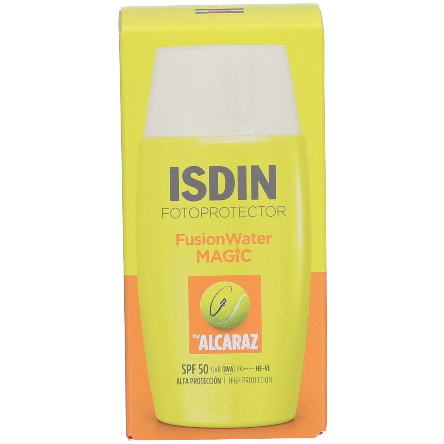 Verpakking met gele fles en witte dop. Opschrift: ISDIN Fotoprotector FusionWater MAGIC, SPF 50, Alcaraz-logo.