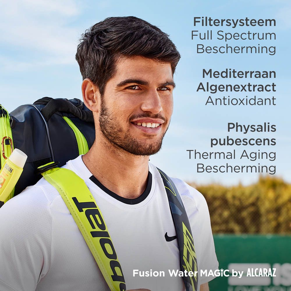 Man met product. Tekst: Filtersysteem. Full Spectrum Bescherming. Mediterranean Algenextract.